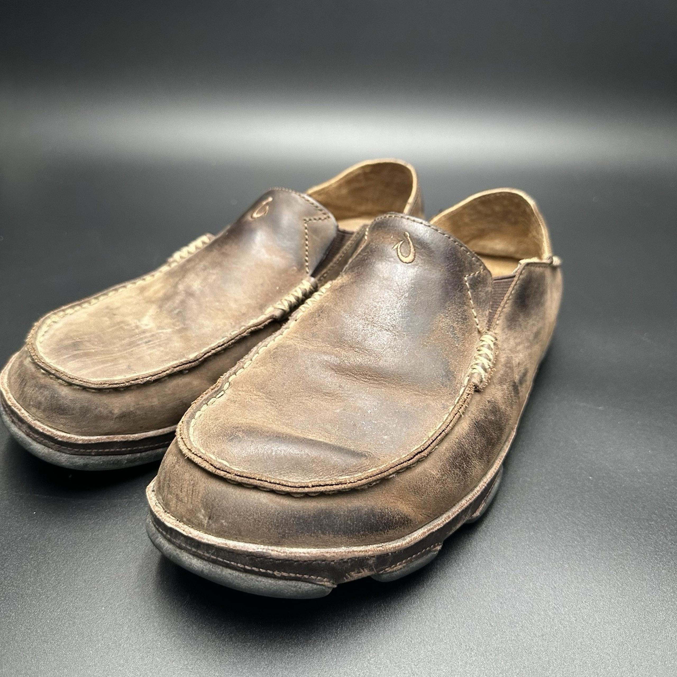 OLUKAI Men's Size 11.5 Moloa Leather Brown Slip-On Loafer Shoes Casual