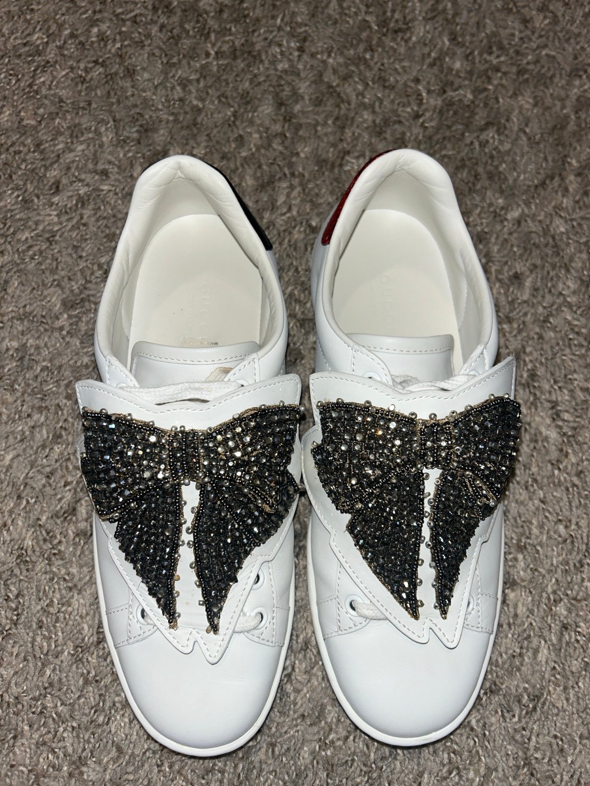 Gucci Calfskin Ayers Web Womens Ace Bow Lace Sneakers 37 White