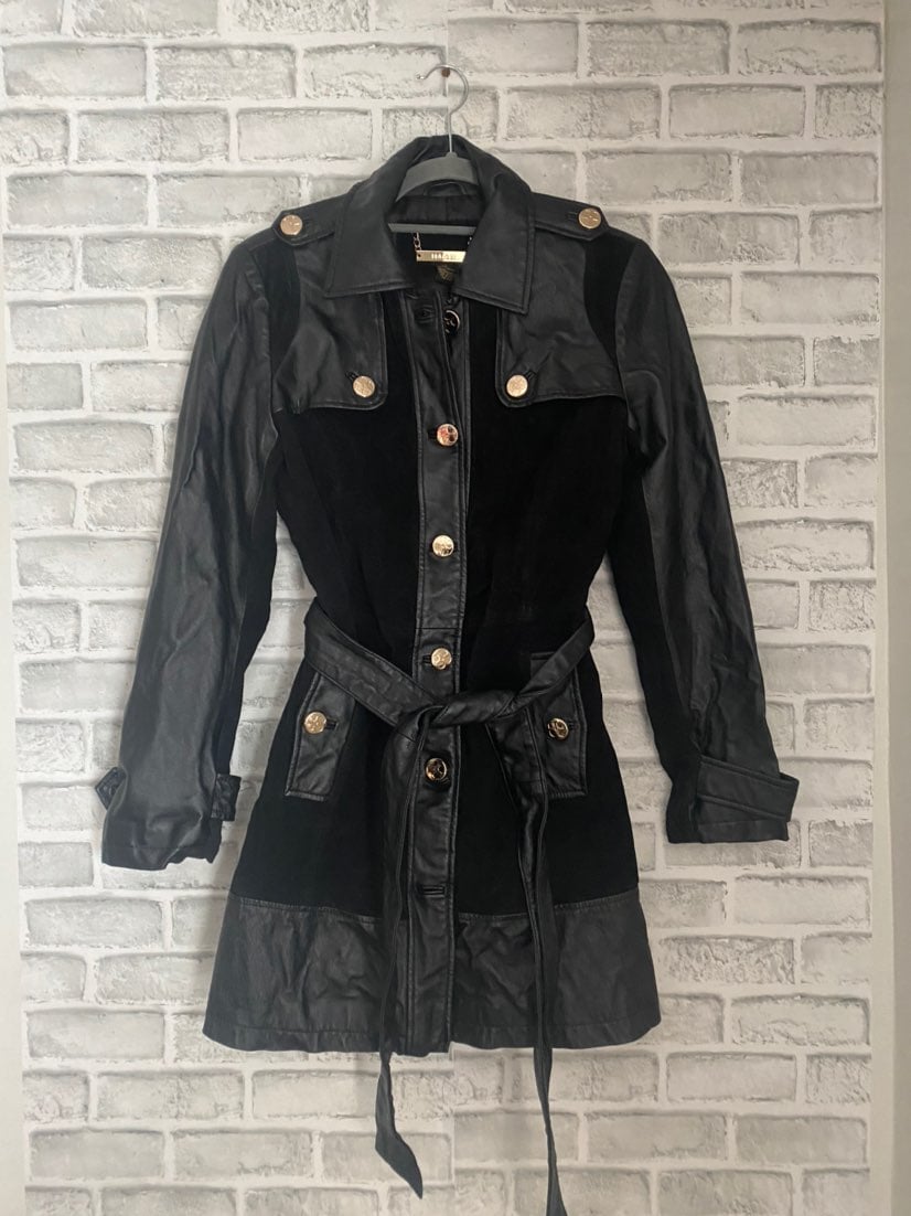 Iman black leather trench coat