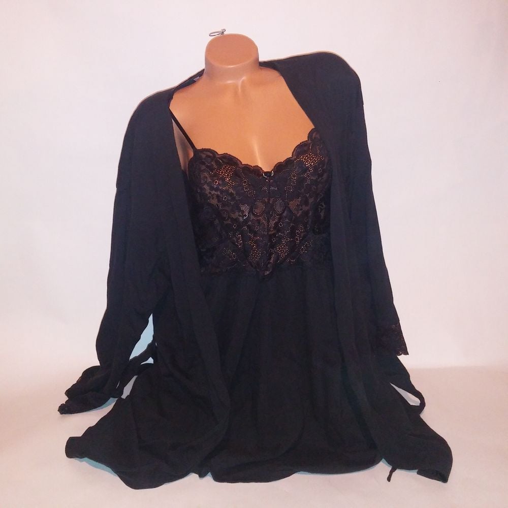 Vintage Victoria Secret Robe & Gown Set Large Chemise & Kimono Black Solid 1999