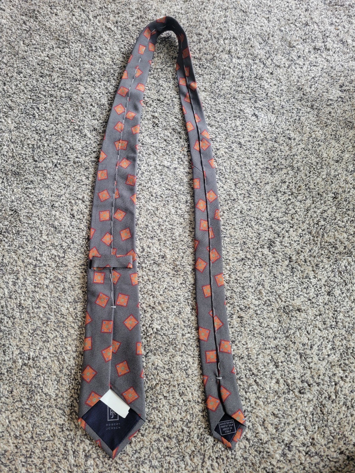 Robert Jensen Men's Neck Tie 100% Silk Gray Orange Geometric Brand New With Tags