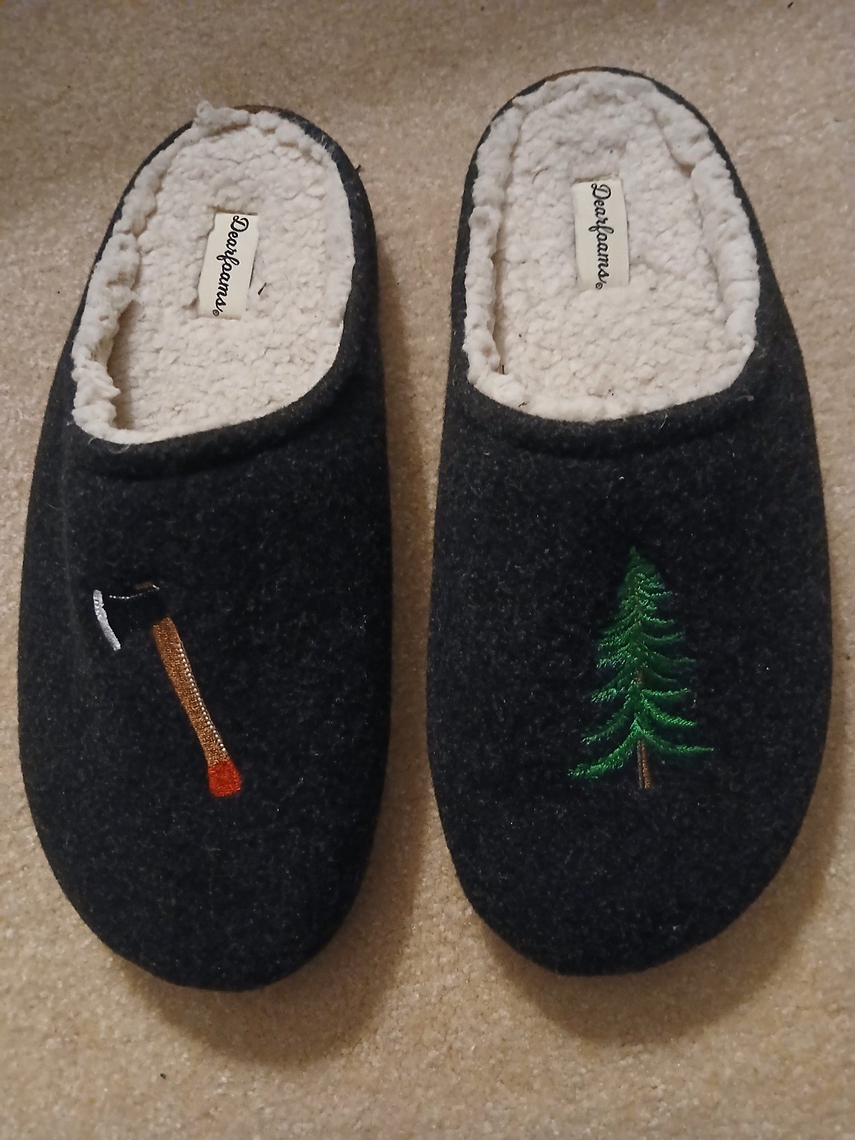 Dearfoams Mens Slippers Size Large 9/10M Black Heather Embroidered Tree Axe FL