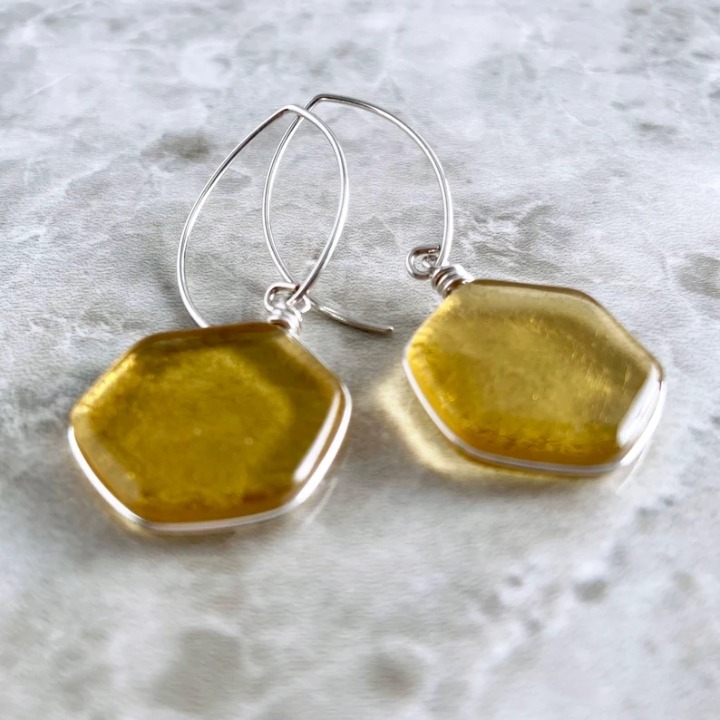 Honeycomb Earrings, Summer Aesthetic, Sterling Long Hook Bee Jewelry