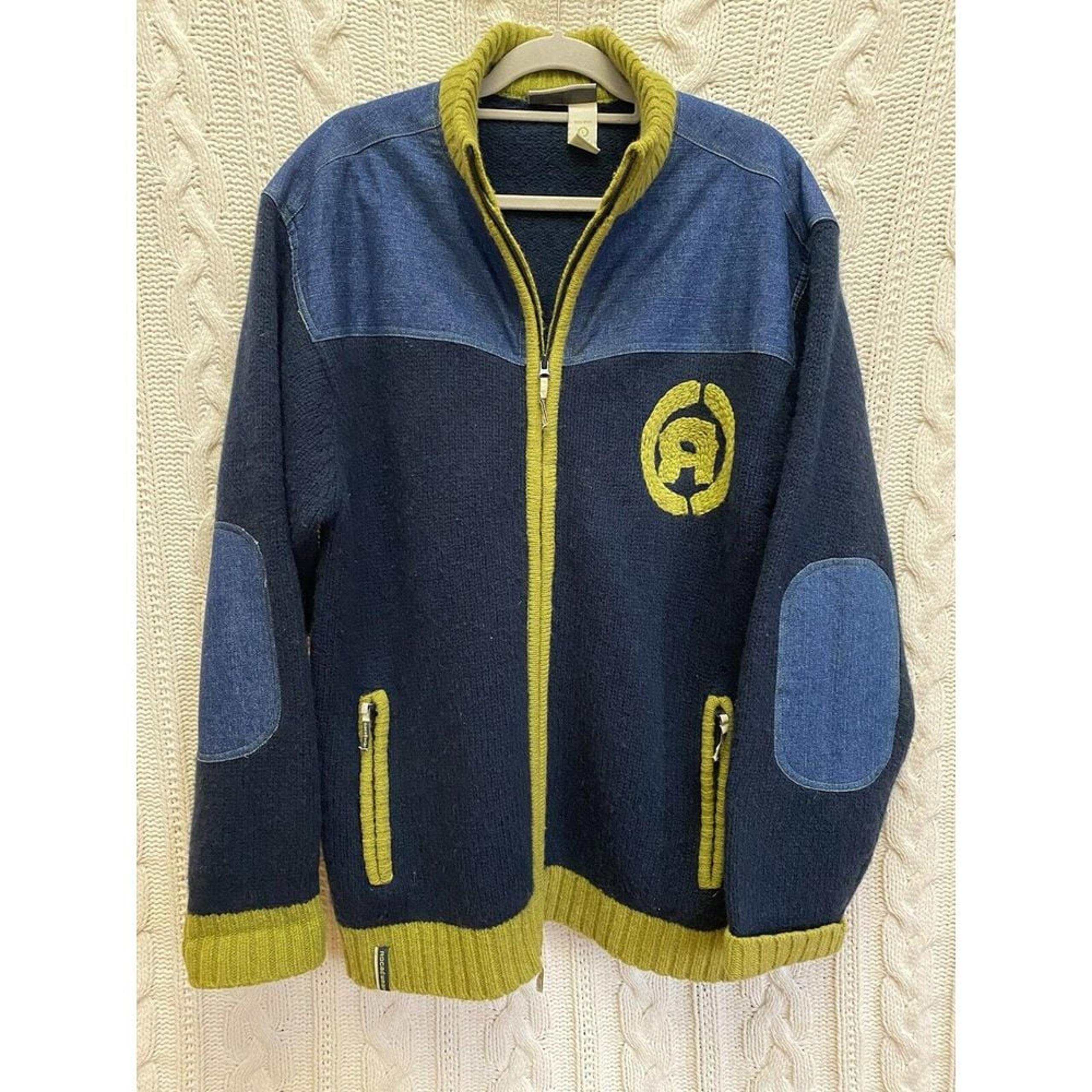 Rocawear Wool Denim Vtg Navy Lime Green Streetwear Zip Sweater Bomber Jacket L