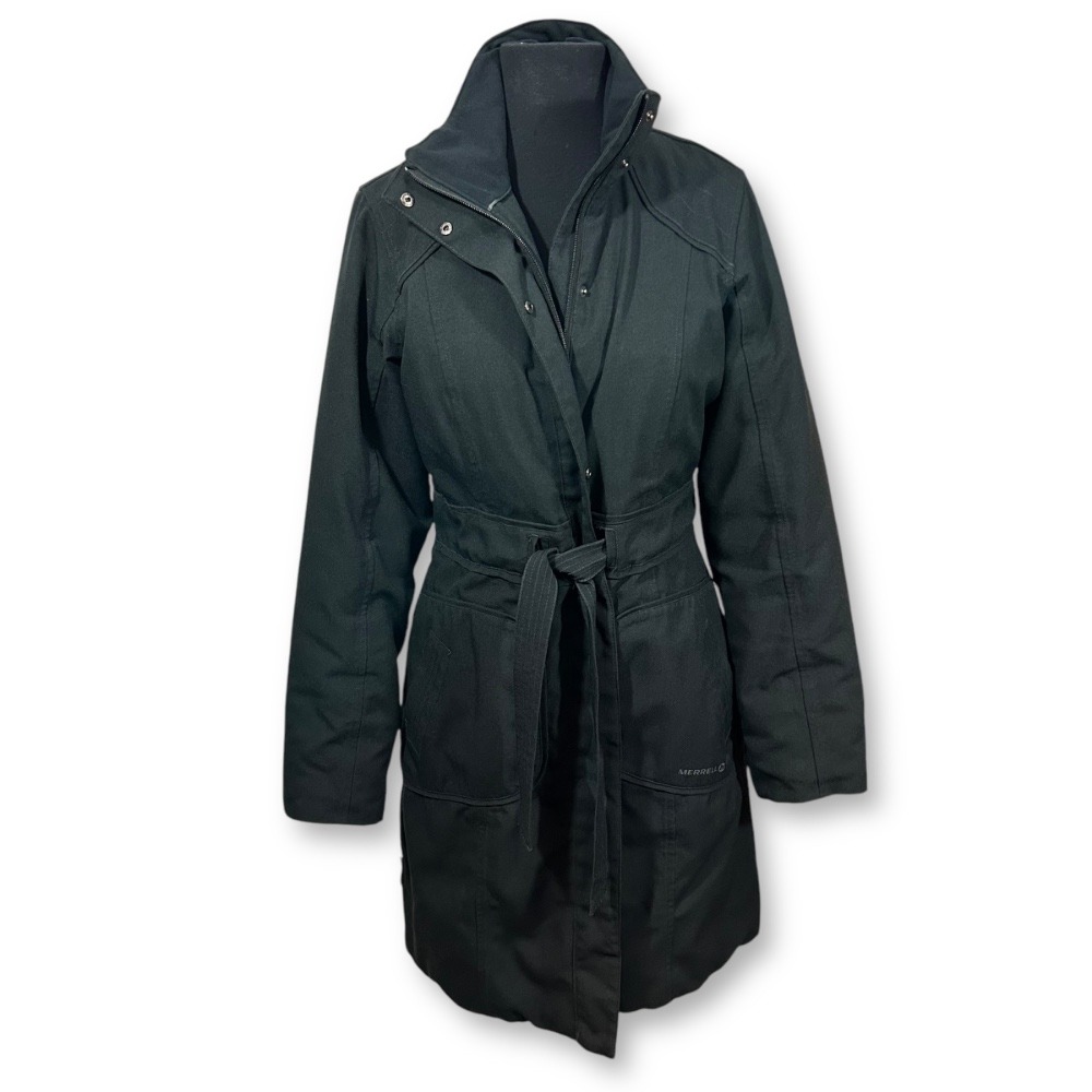 Merrell Opti-Shell Belted Trench Coat Quilted Lined Black Jacket Womens Small