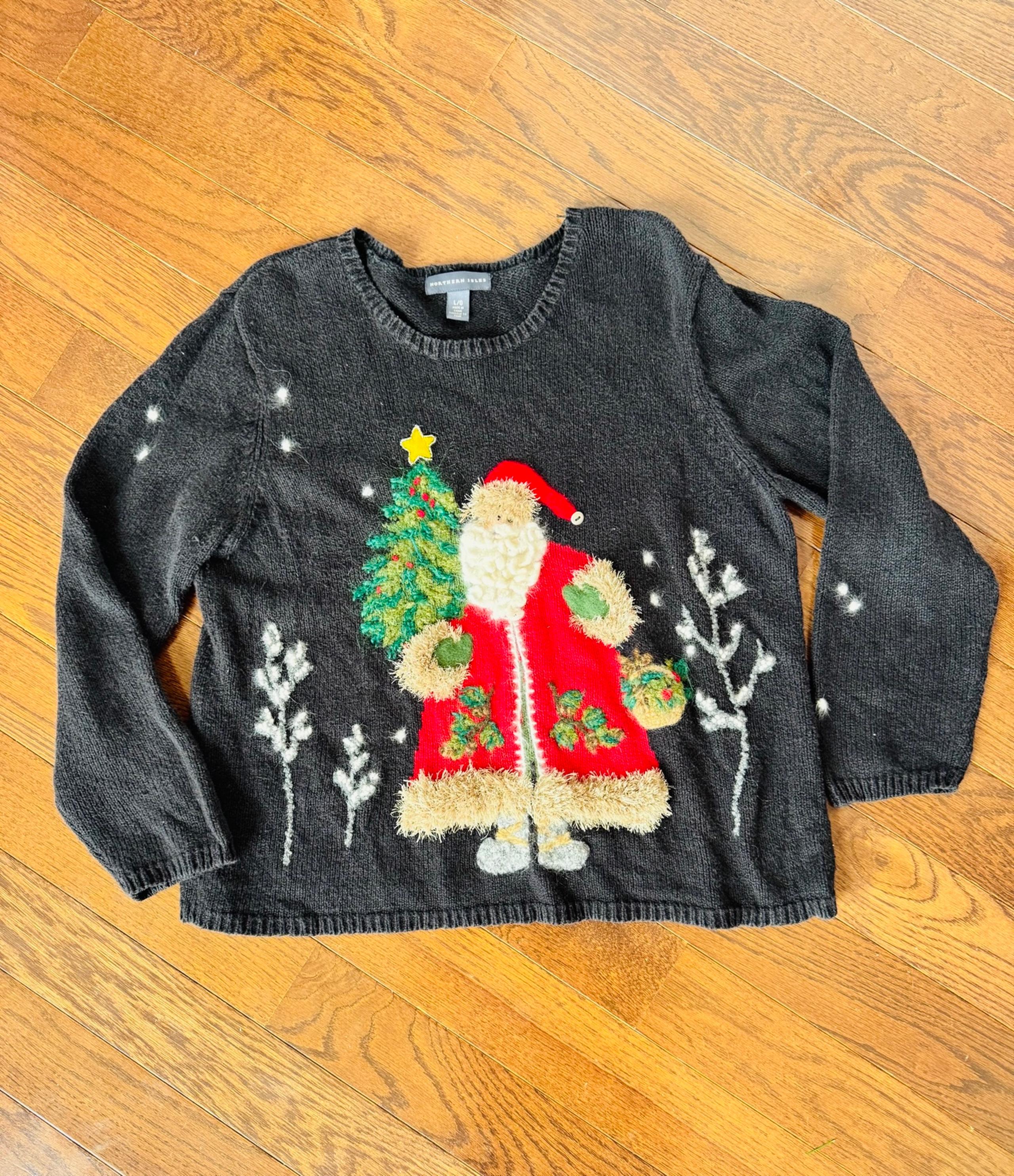 Vintage Northern Isle Ugly Christmas Sweater Womens L Santa Sleigh Chunky 80s