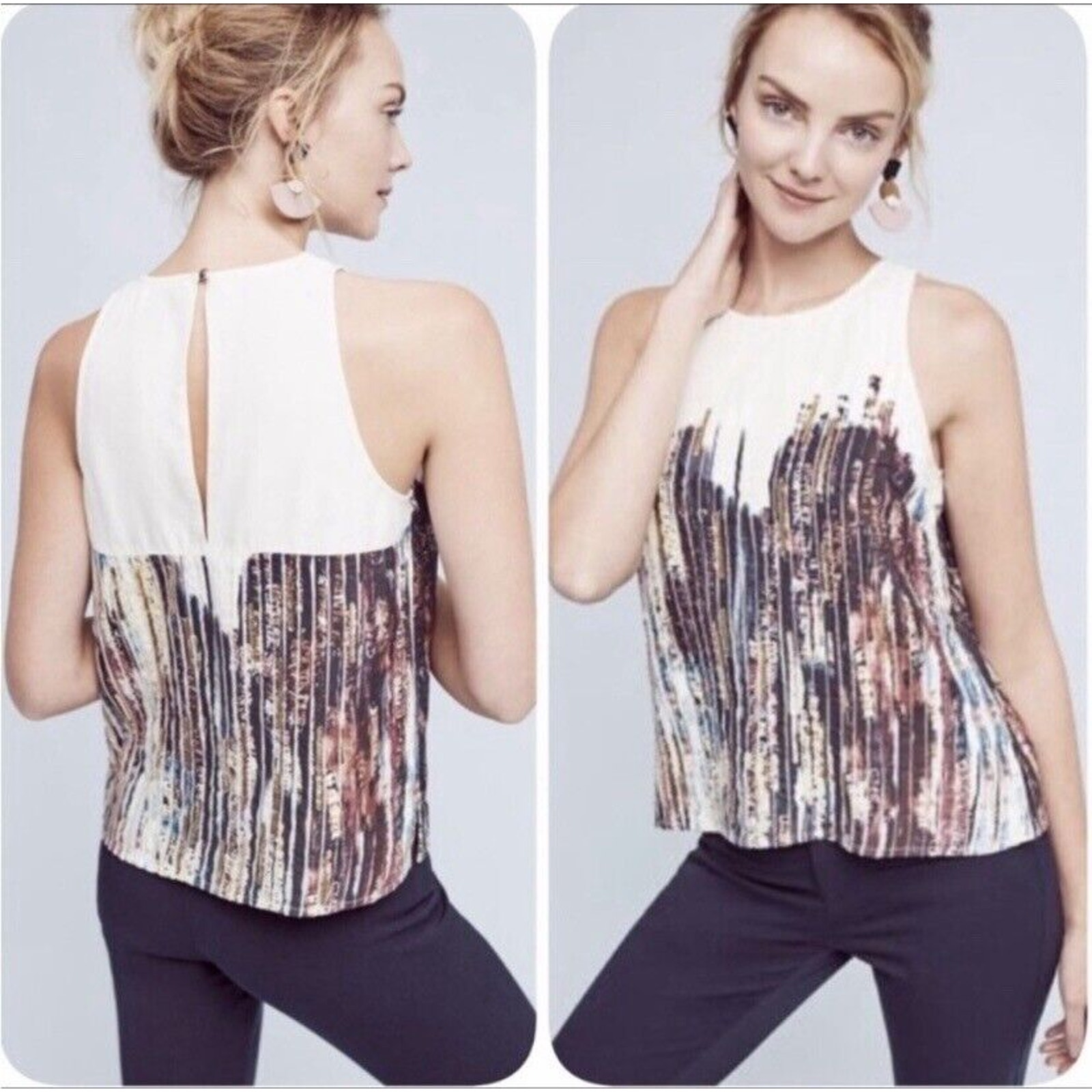 NWT Anthropologie Floreat Pleated Print Top Size 6 Beige Sequins Sleeveless