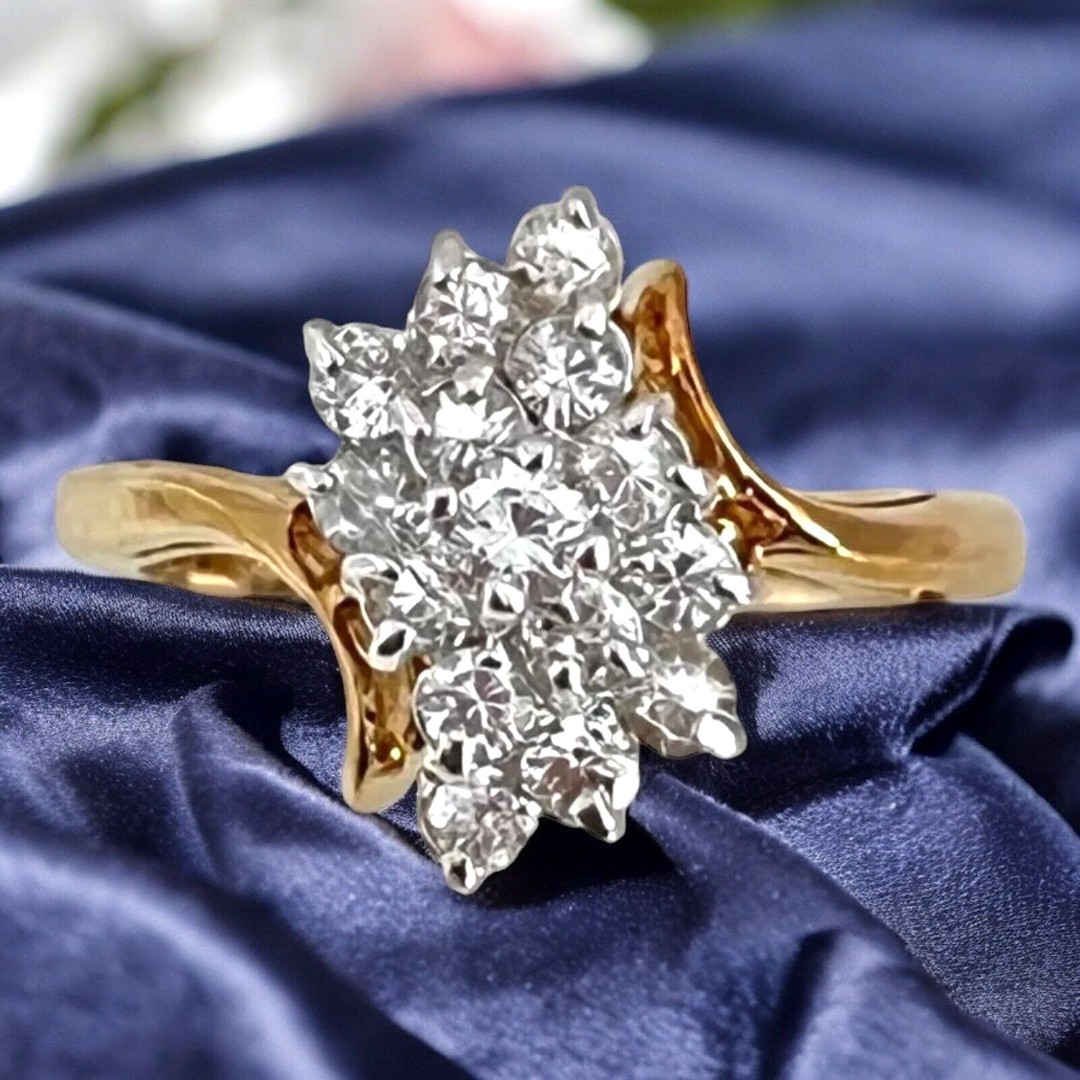 Vintage Ring Size 8 Cubic Zirconia Cluster Ring 14K Gold Plate Mid-Century 14Q