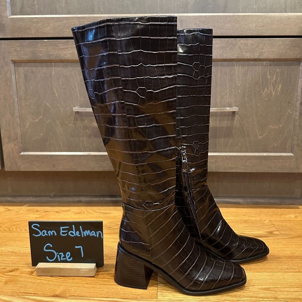 New Womens Sam Edelman Wade 2 Dark Brown Croc Print Leather Boots Size 7