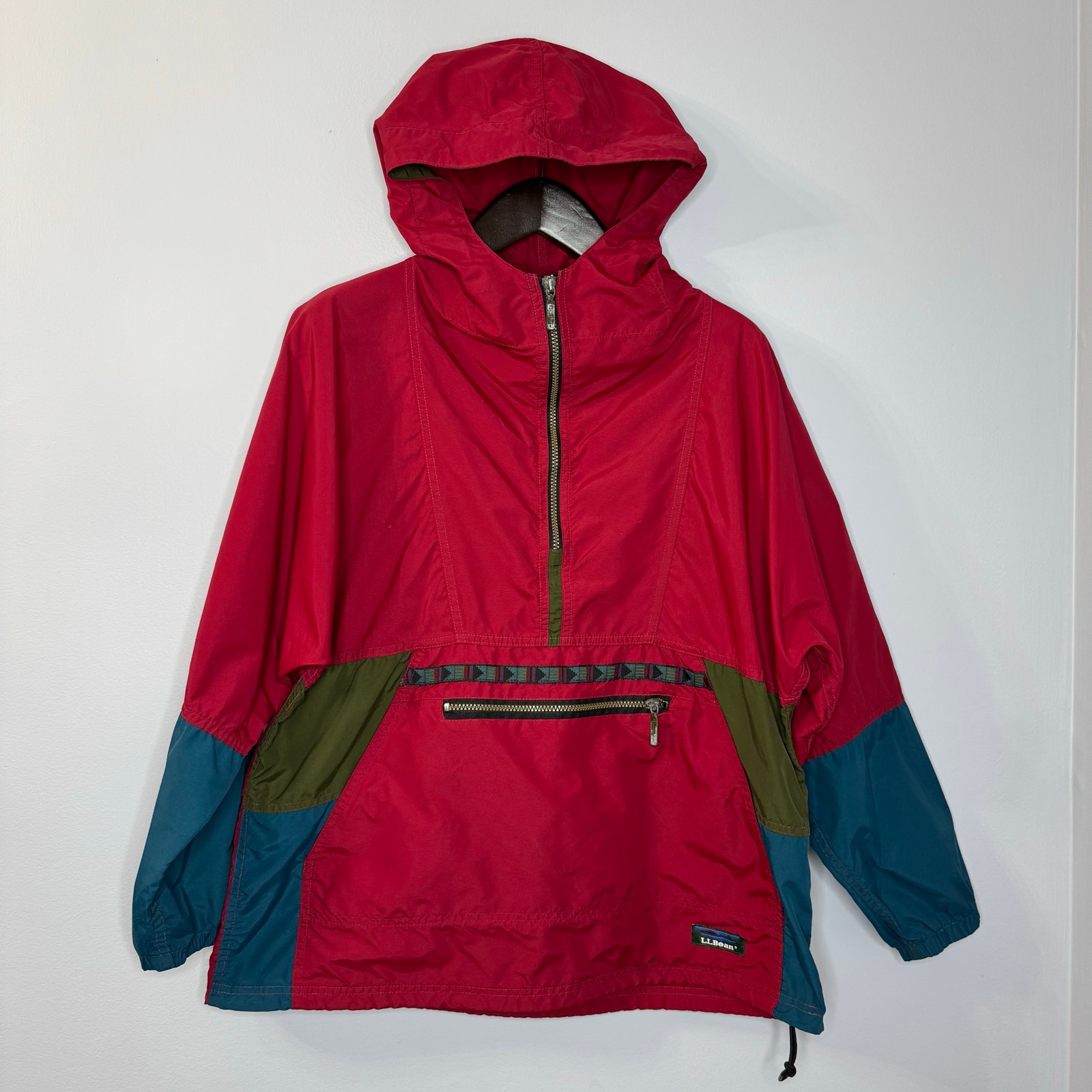 Vintage LL Bean Hooded Anorak Windbreaker Tribal Aztec Pullover Jacket Men Red