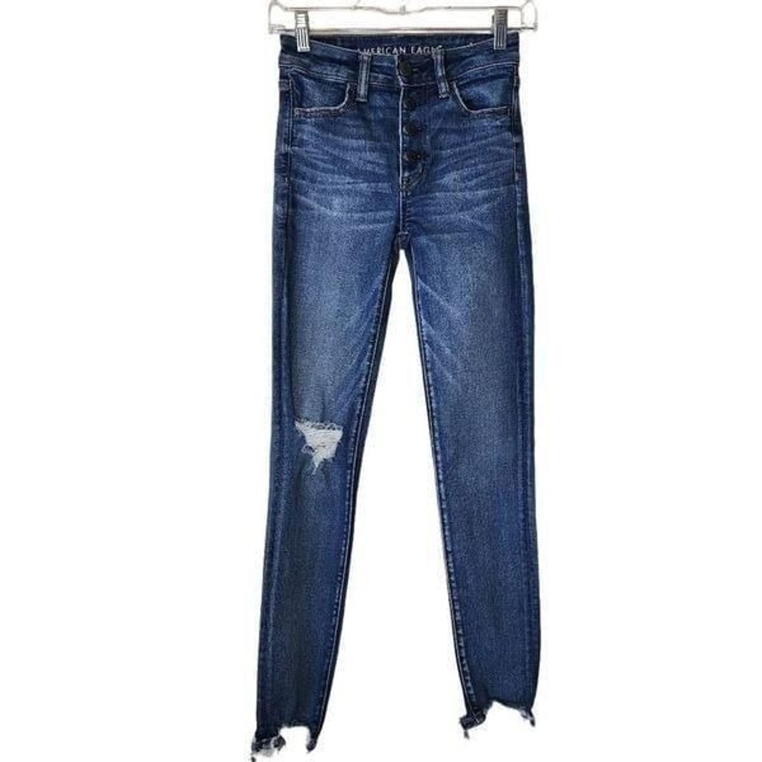 American Eagle Women Jeans, Button Fly Raw Hem Stretch Hi-Rise Jegging Crop,Sz 0