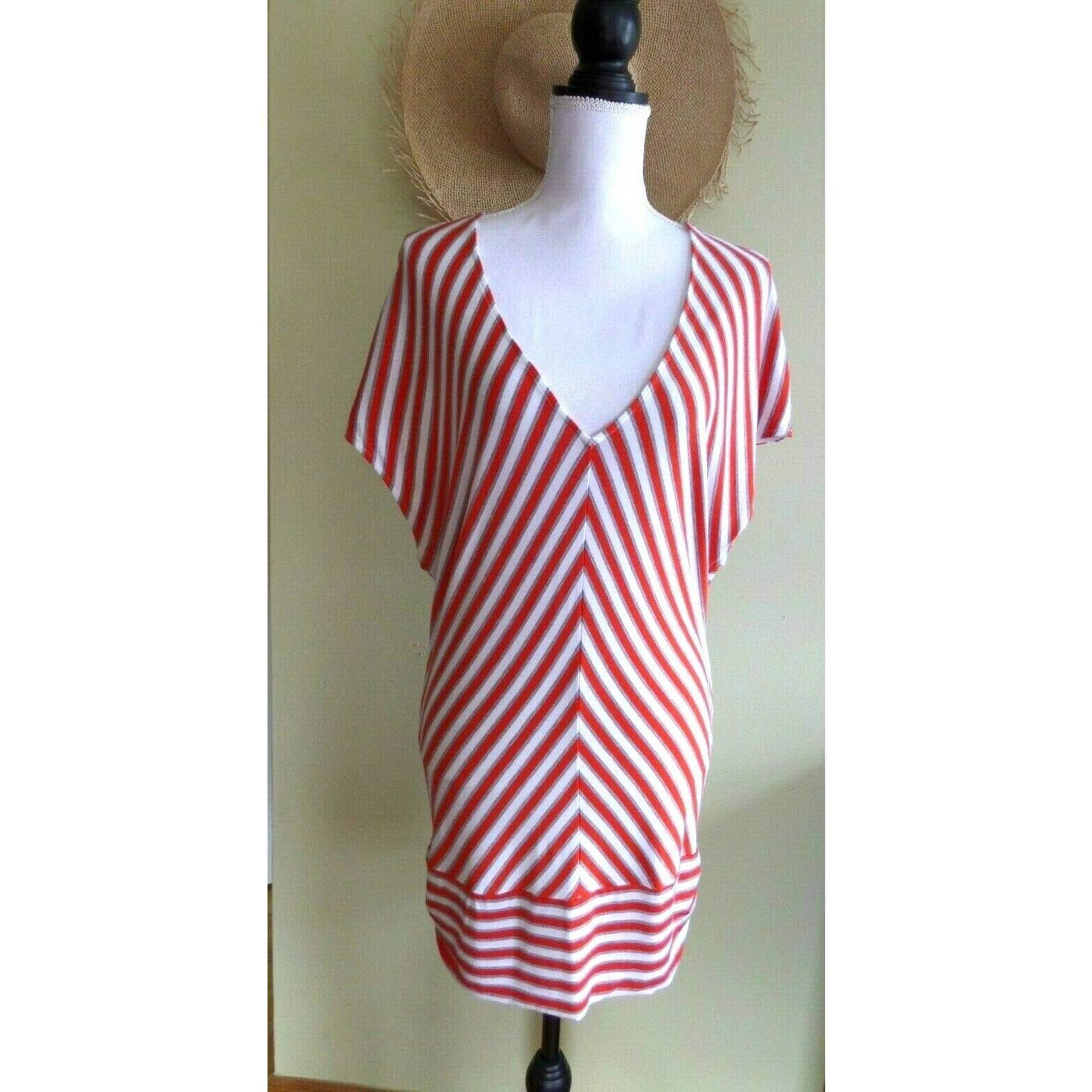 bebe Open Back Deep V-Neck Striped Short Sleeve Tunic Top size L