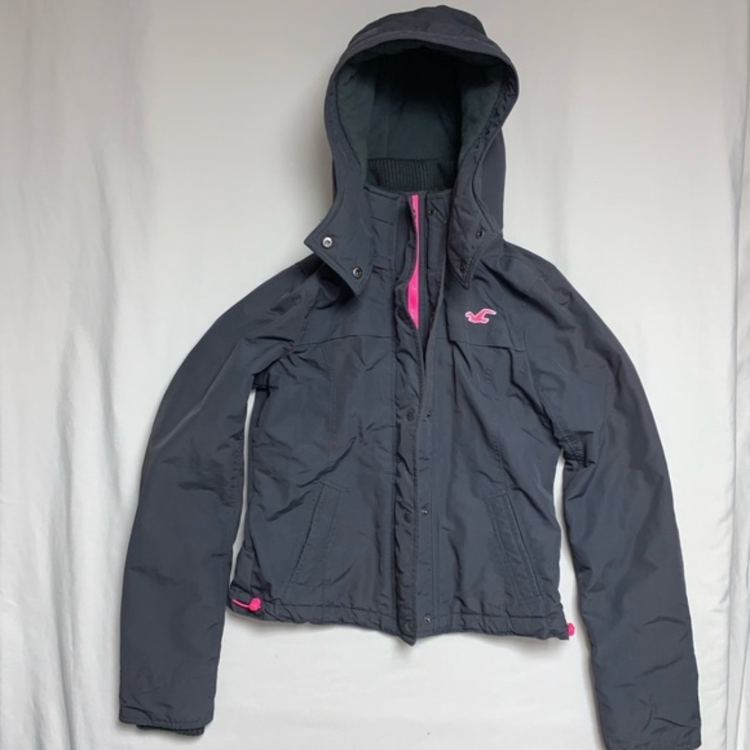 Hollister Gray Neon Pink Coat Women’s Small Hooded Winter Jacket Skater Snow