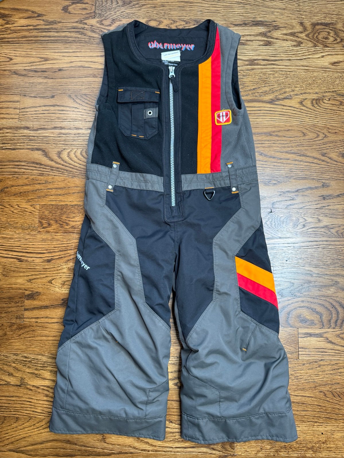 Obermeyer Kids Ski Bib Black and Gray with Red and Orange Stripes Size 3