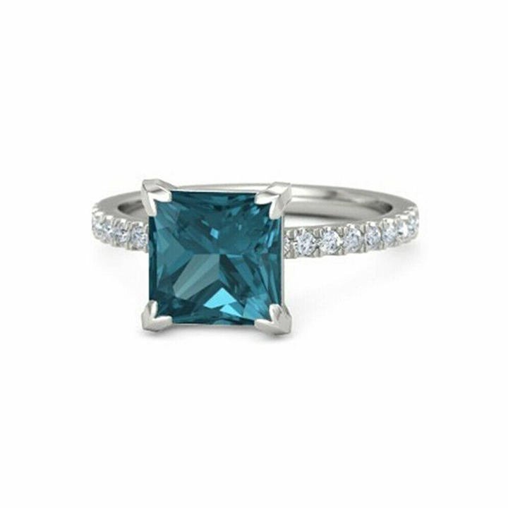 4.45Ct Natural Princess Cut London Blue Topaz & Diamond Solitaire Ring 14k White