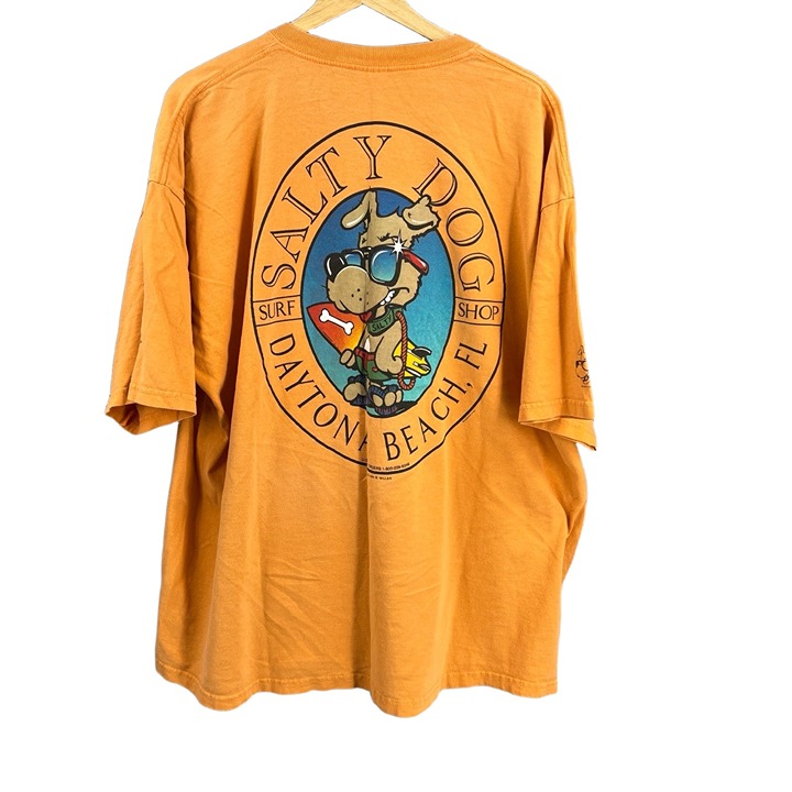 Vintage 90s Salty Dog Surf Shop Orange Tee Daytona Beach Gildan Tag 2XL