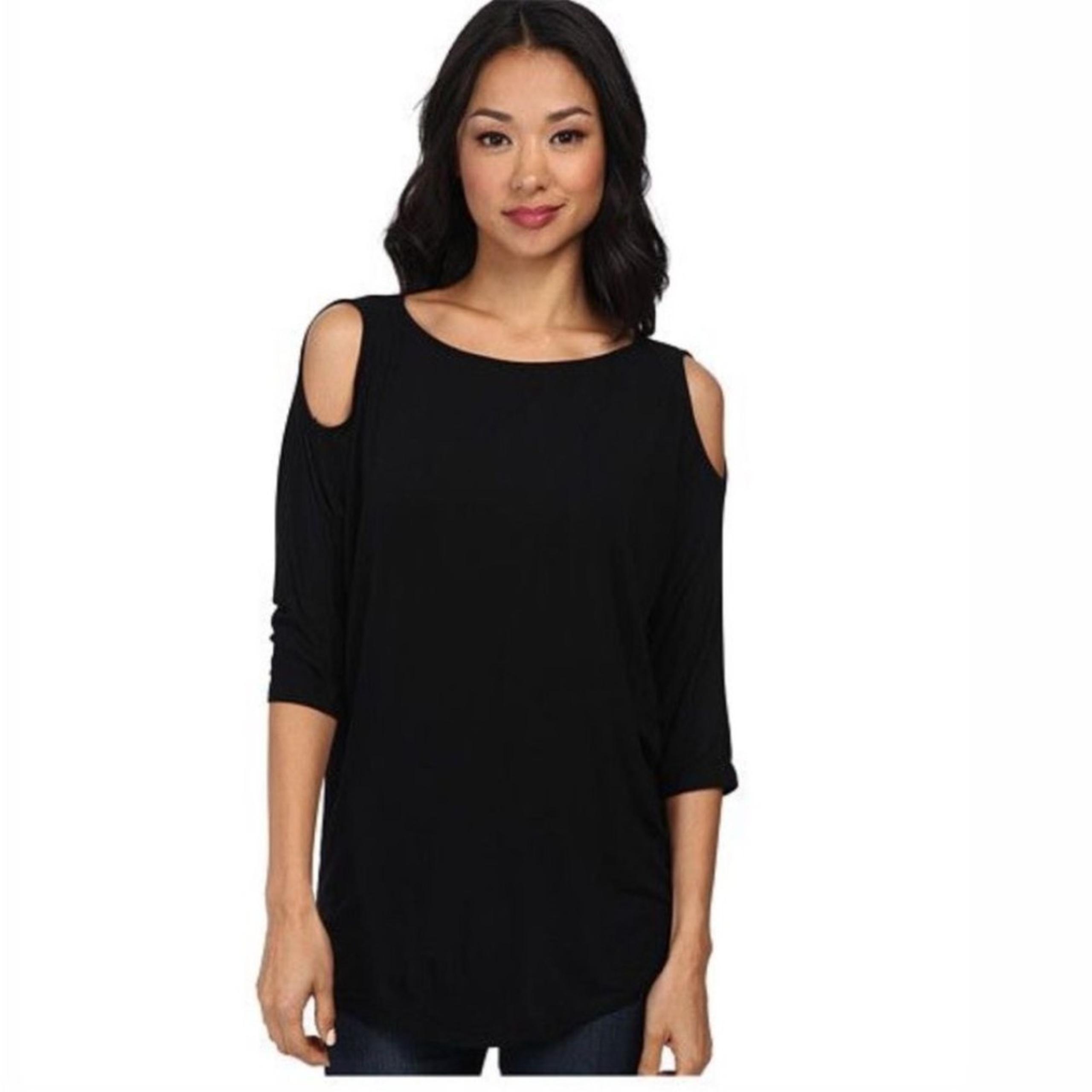 Michael Stars Black Cold Shoulder Tunic Top Women's One Size 3/4 Sleeve Stretchy