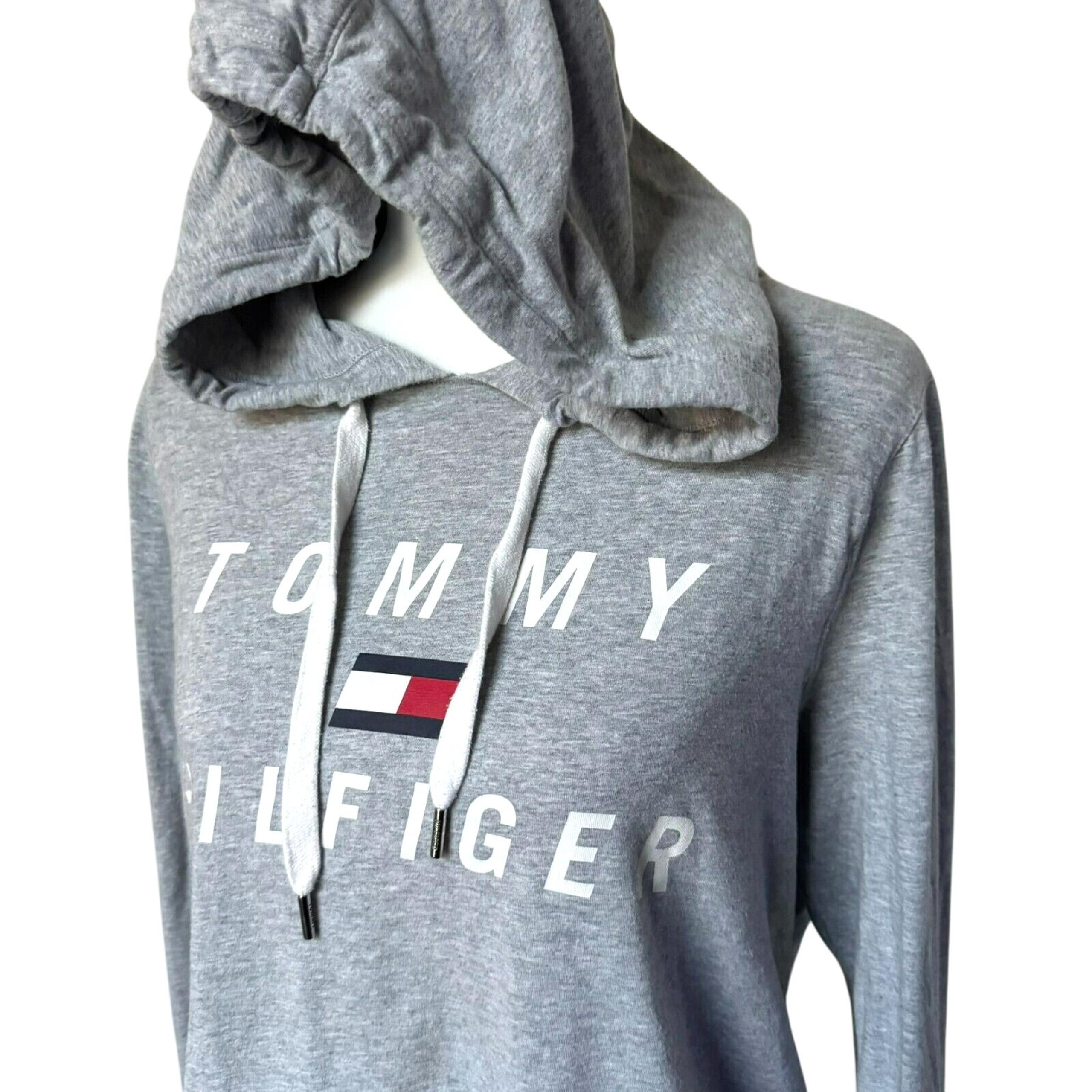 TOMMY HILFIGER Women's Large Gray Sport Pullover Hoodie Sweatshirt Roll Tab Logo