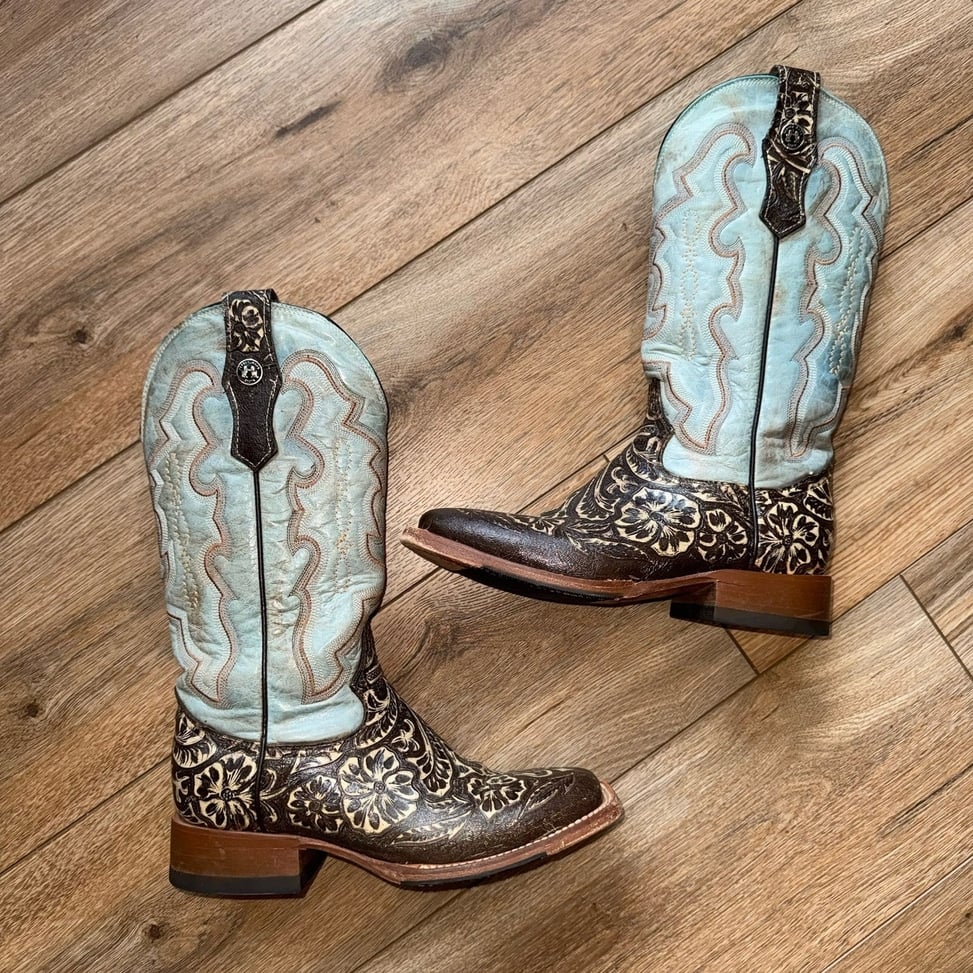 Tanner Mark Women's Misty Tooled Western Boot Broad Square Toe Cowboy Blue Brown