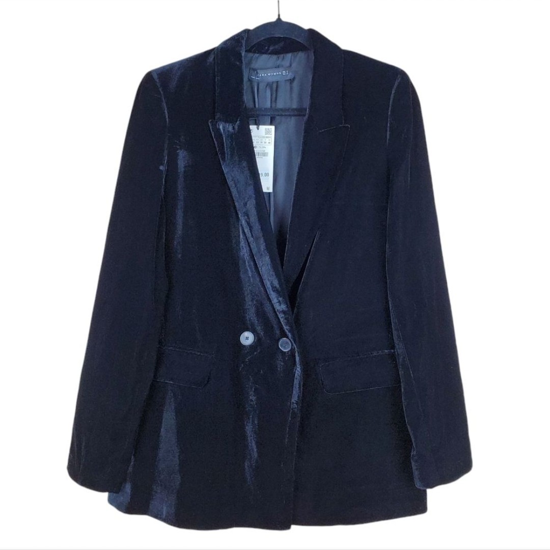 ZARA WOMAN Black Velvet Double Breasted Blazer Size M