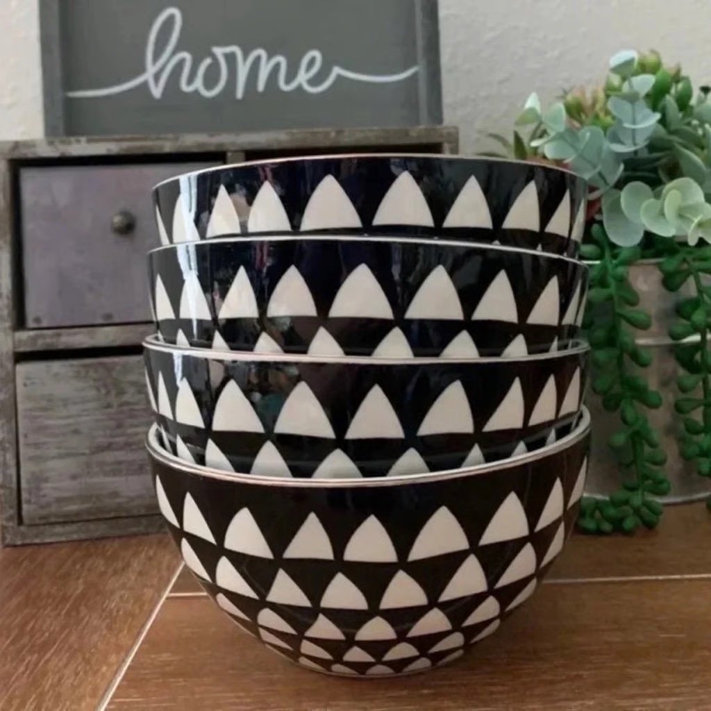 4 New Boho Black & White Geo Ceramic Bowls