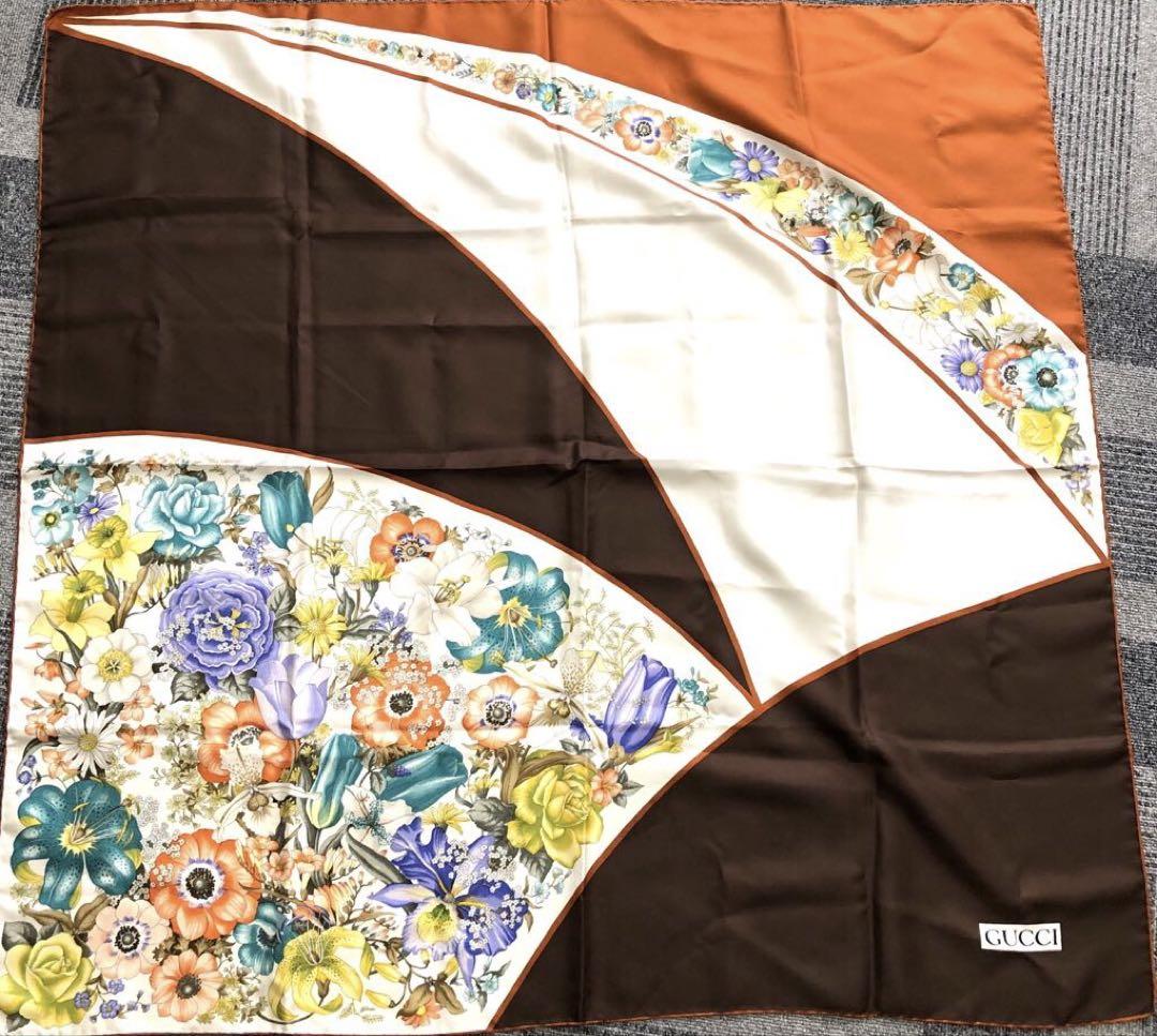 Gucci Silk Scarf Floral Brown Stole FO16