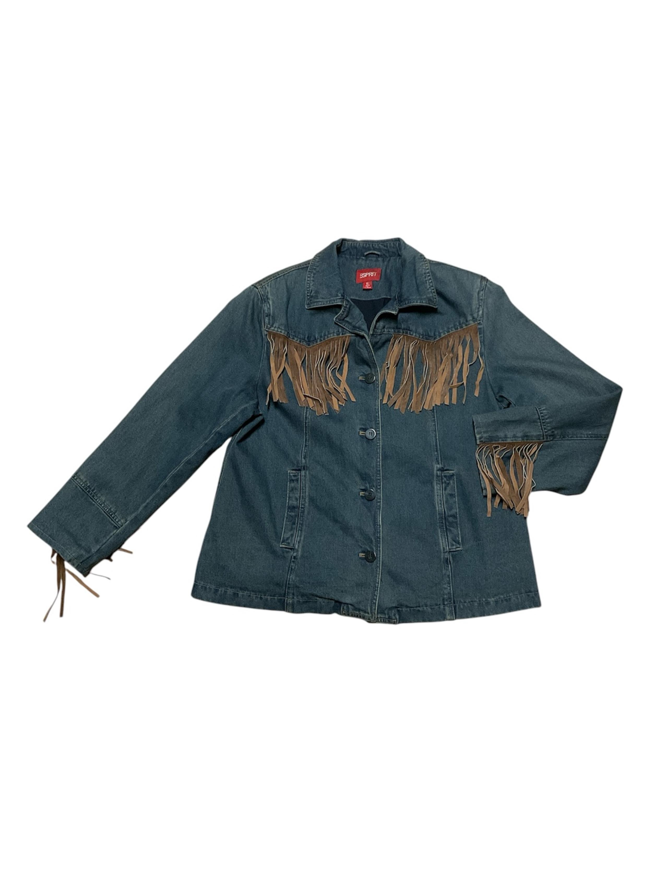 Vintage Esprit Western Jacket Women’s XL Leather Fringe Button Up Denim Coat