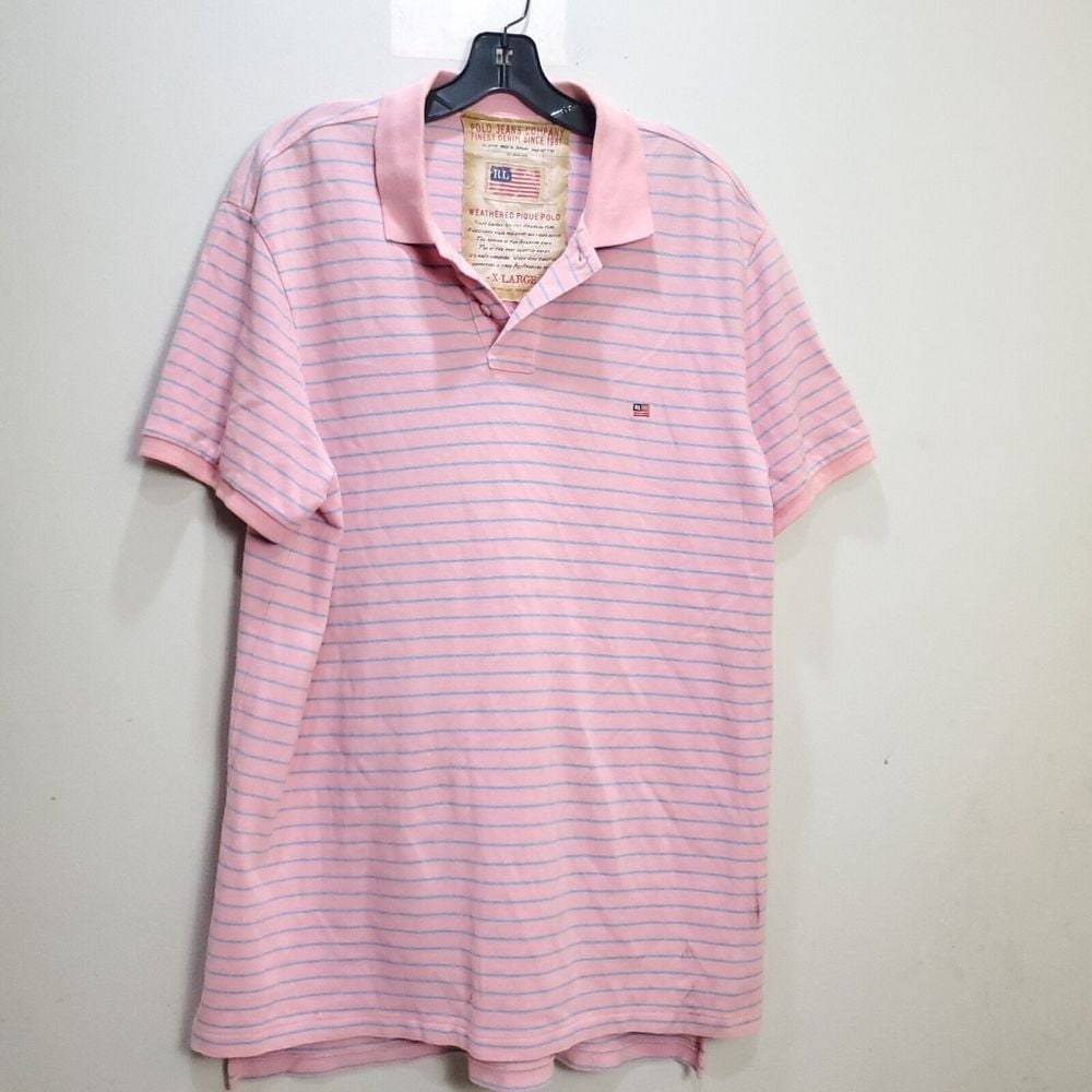 Polo Jeans Co. Ralph Lauren Polo Shirt Pink Striped Mens XLarge Weathered Pique
