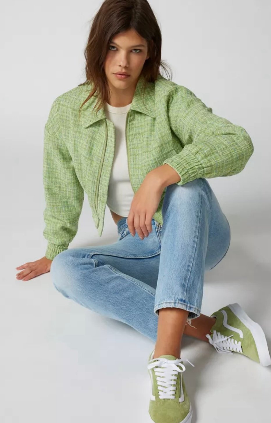 UO Kimchi Blue Evelyn Cropped Bomber Jacket Tweed Mint Green Clueless