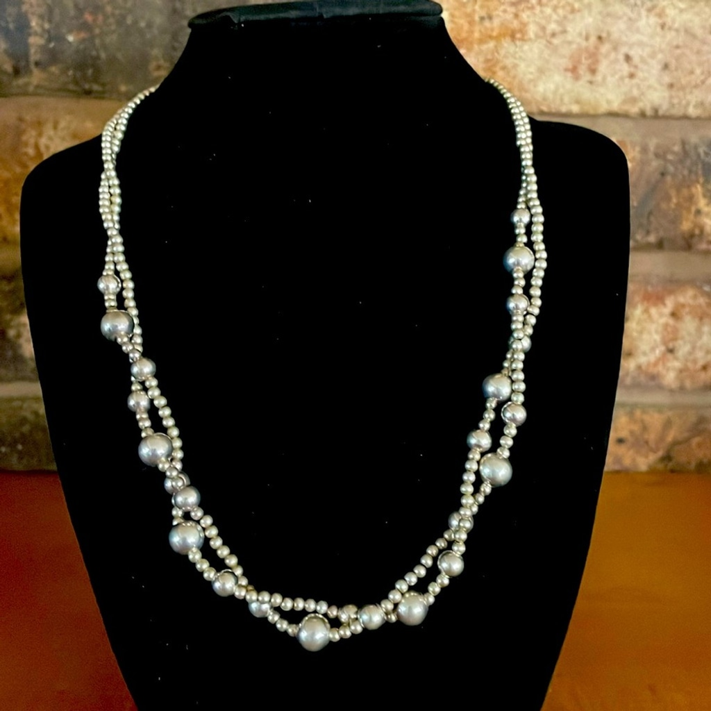 Sterling Silver 925 Double Strand Beaded Ball Necklace
