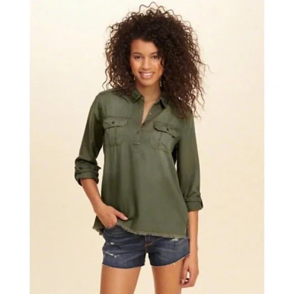 Hollister Co. Olive Green Military Popover Shirt