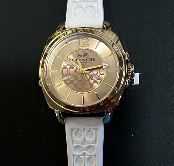 Coach Boyfriend Watch With 34mm Golden Face & White Silicone Band