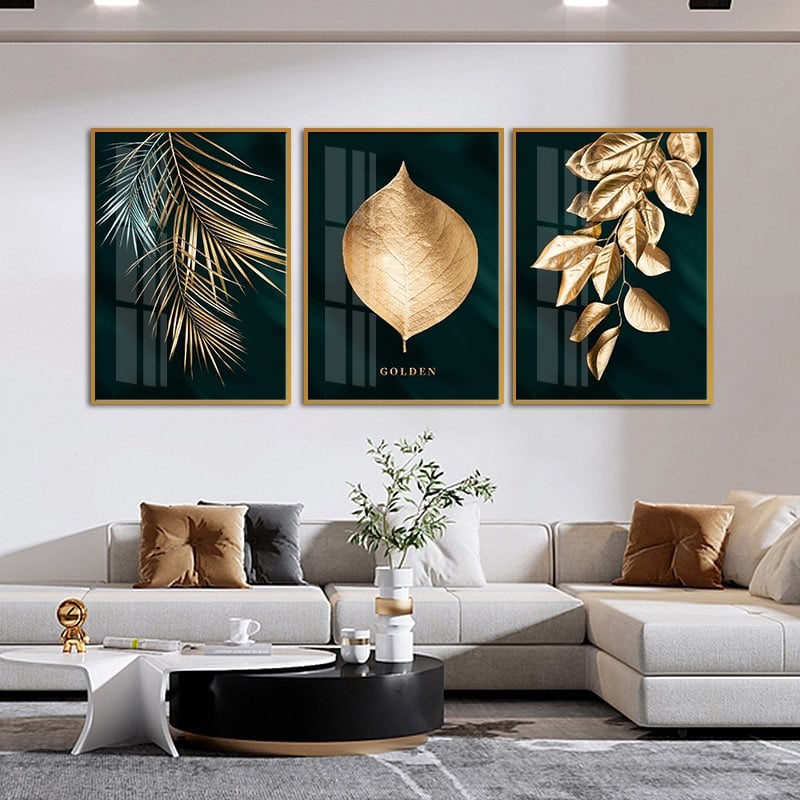 Golden Autumn leaves wallart canvas Green backgrown