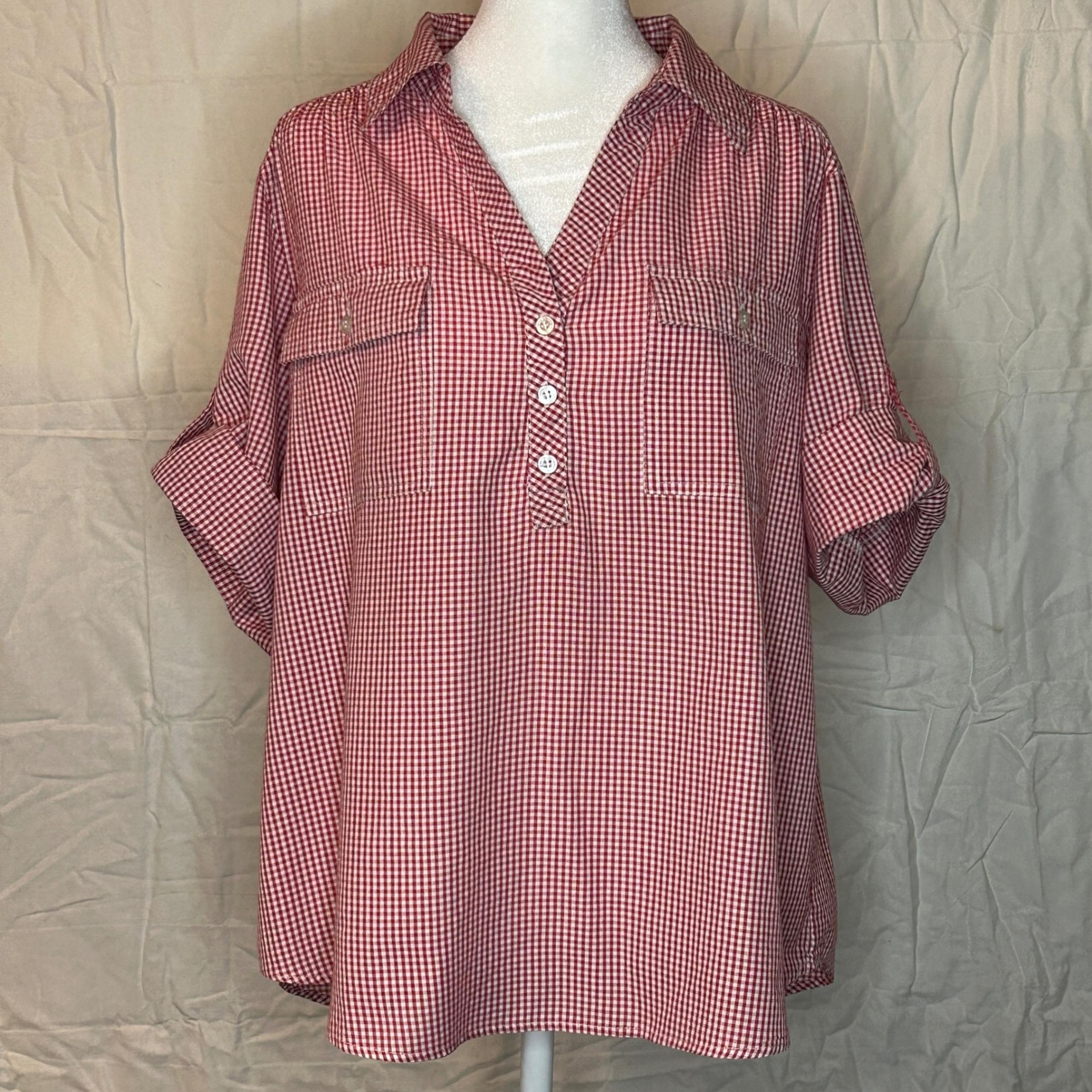 Cathy Daniels Red White Gingham Tunic Top Roll Tab Sleeve Womens Plus XL FLAWED