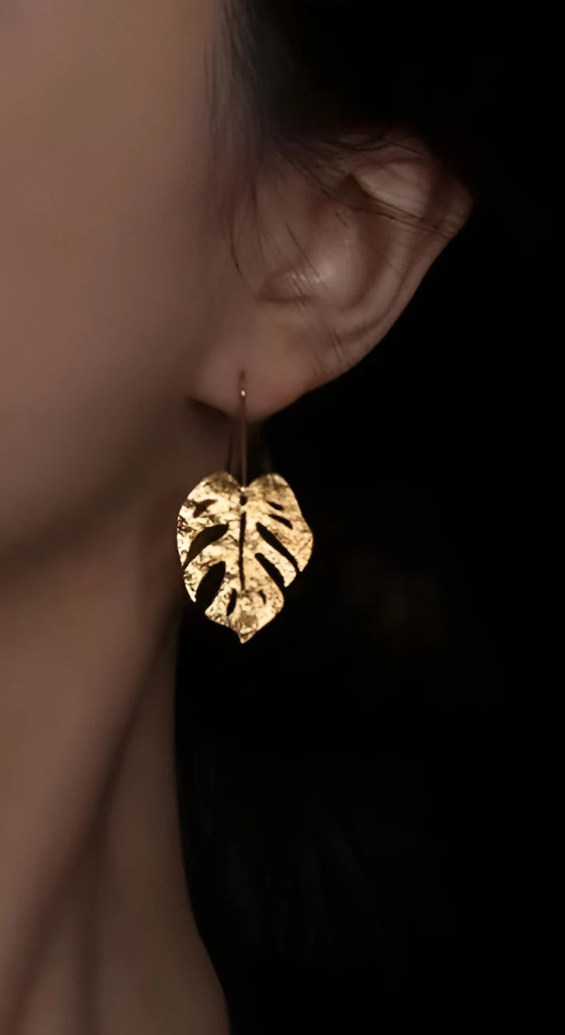 Leaf 14K Gold Plated Earrings Drop Dangle Earring Vintage Earlobe Earrings