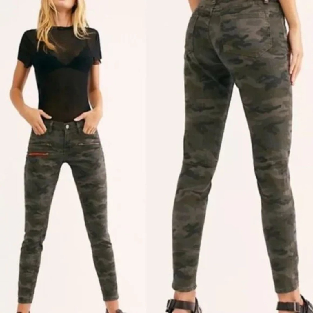 ETIENNE MARCEL Green Gray Camo Print Moto Ankle Crop Skinny Jeans Size 29