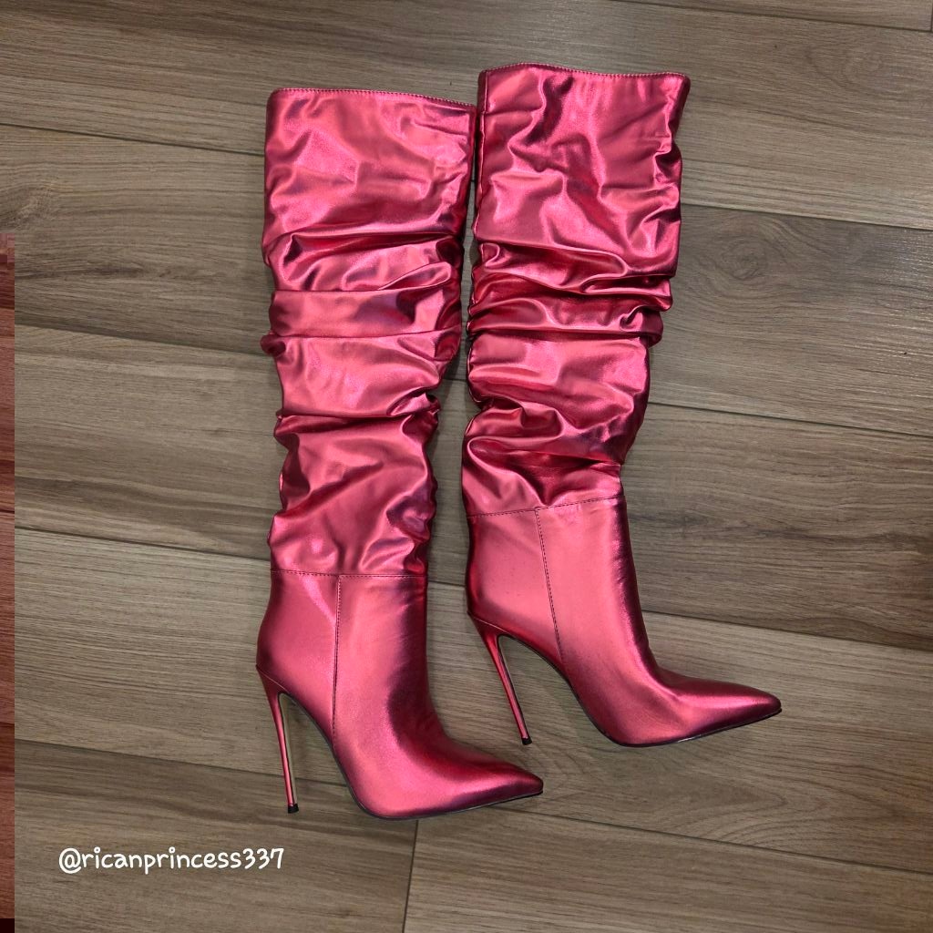 Metallic pink high heel pointed toe scrunched knee high boot size 40