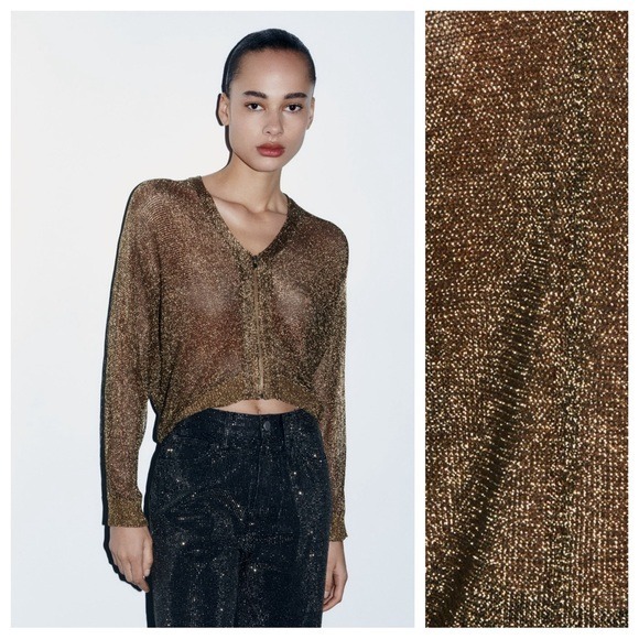 NWT. Zara Golden Metallic Mesh Knit Bomber Cardigan. Size L.
