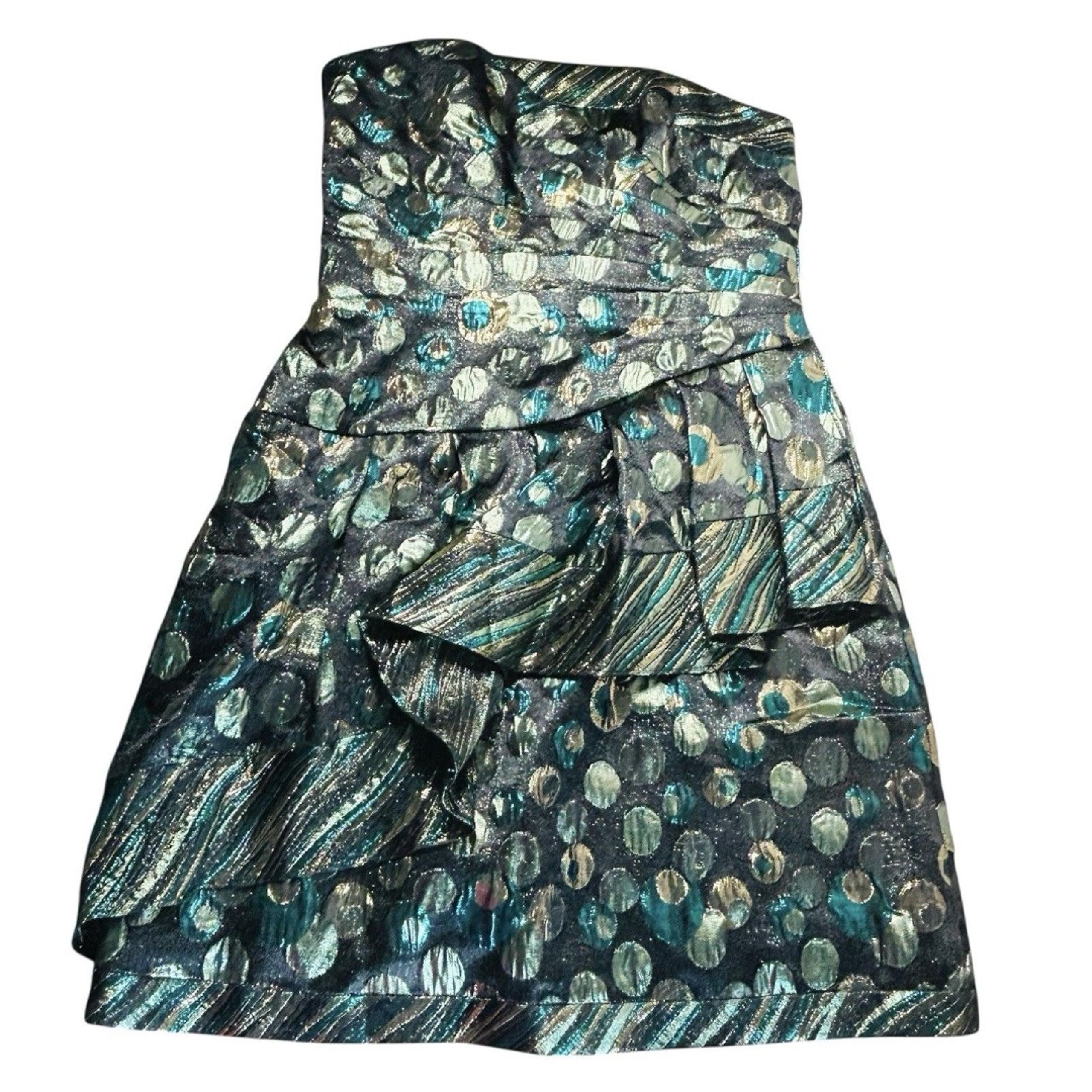 Phoebe Couture Metallic Black Teal Gold Strapless Mini Formal Dress Sz 4 Lined