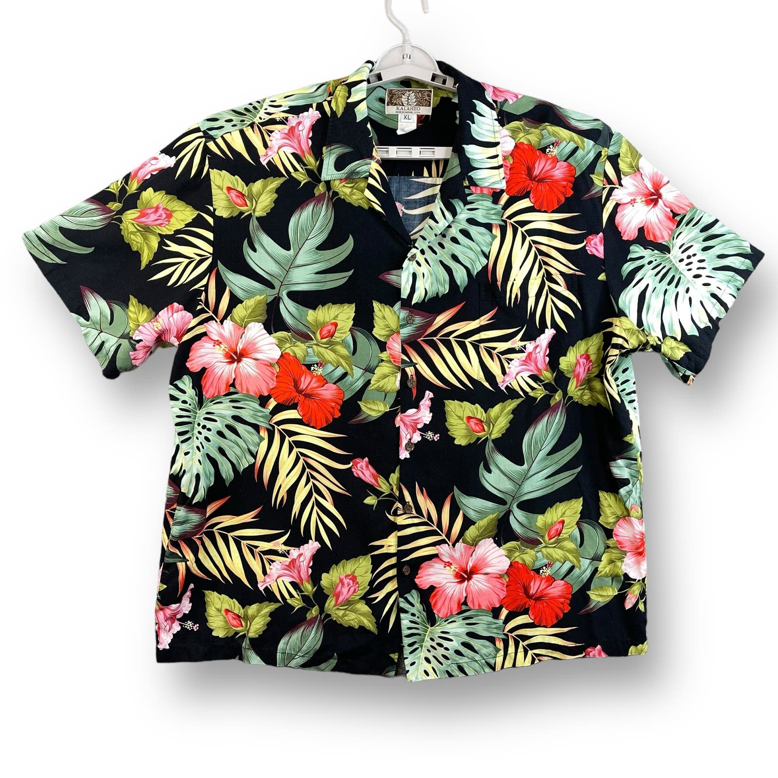 Kalaheo Mens Hawaiian Polo Size XL Short Sleeves Printed Flower Black Pink