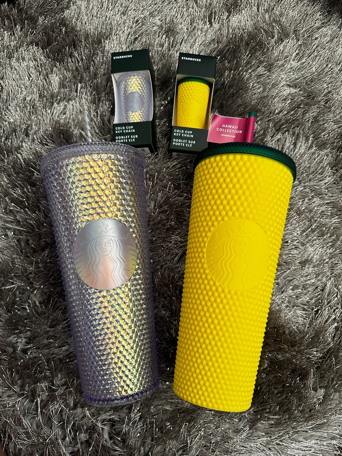 Starbucks unicorn iridescent & Hawaii pineapple studded set w/ keychain
