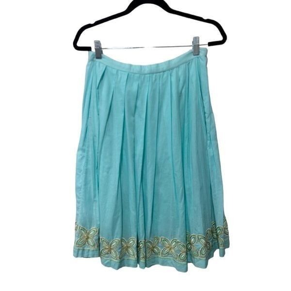 Tommy Bahama Turquoise Floral Embroidered Pleated Knee-Length Skirt Size 4