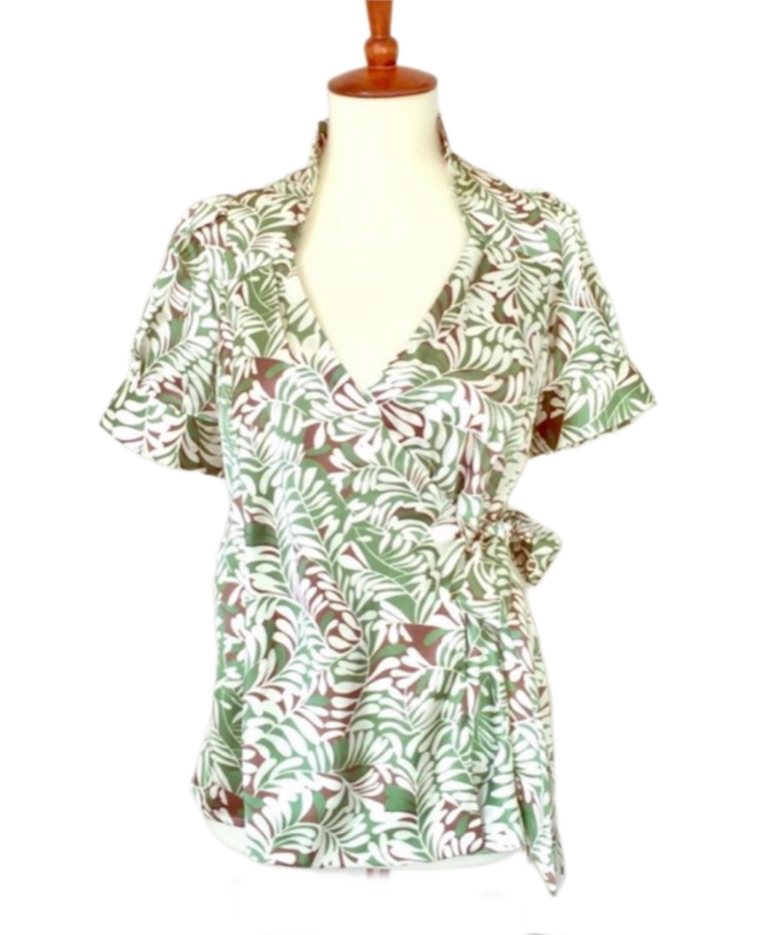 BCBG Y2K Satin Floral Wrap Top - Green and White