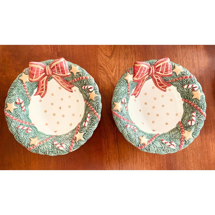 Fitz and Floyd Bow Candy Bowl Set of 2 With Christmas Tree Design 7" Wide