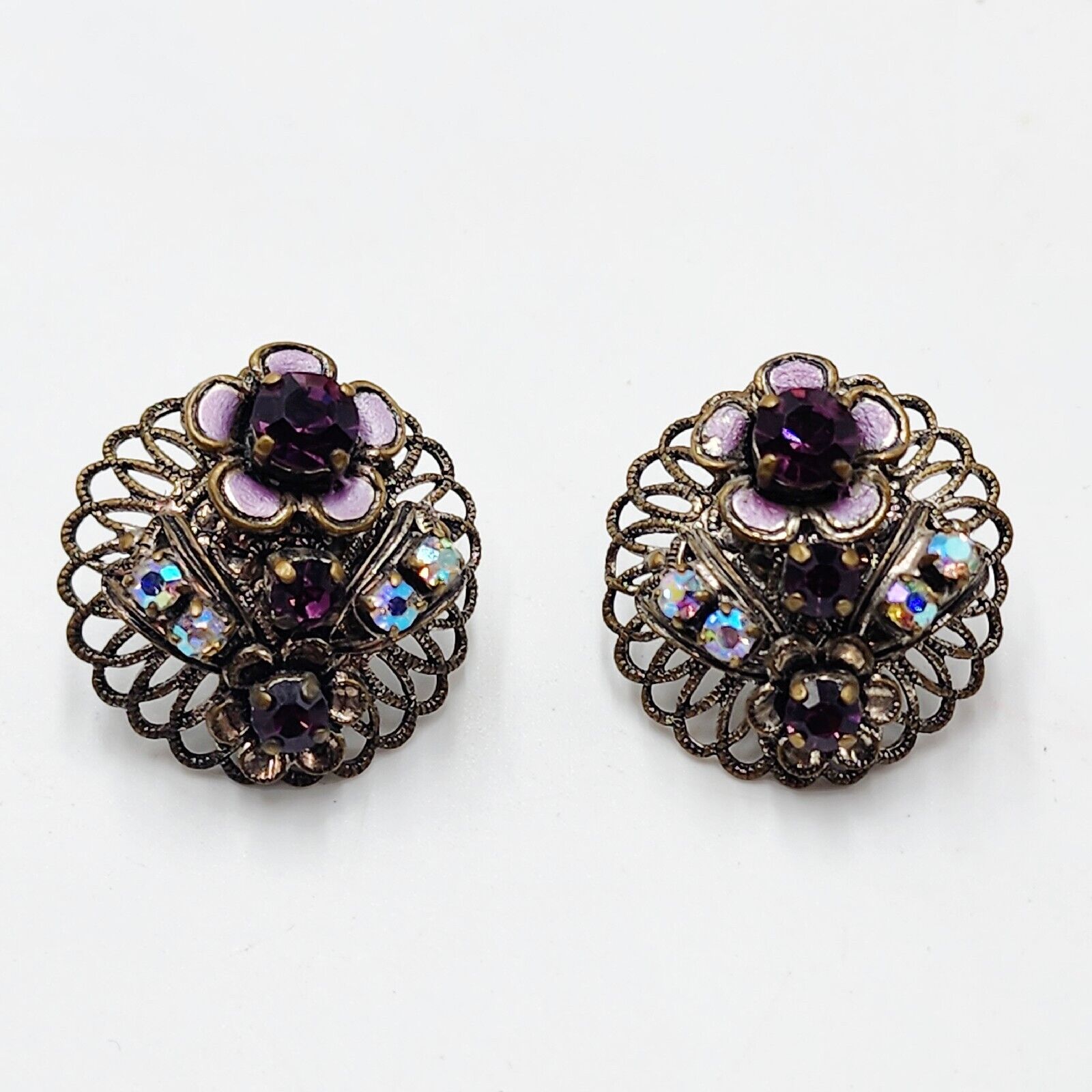 Vintage Ornate Rhinestone Flower Pierced Post Earrings Purple AB Cluster Pretty