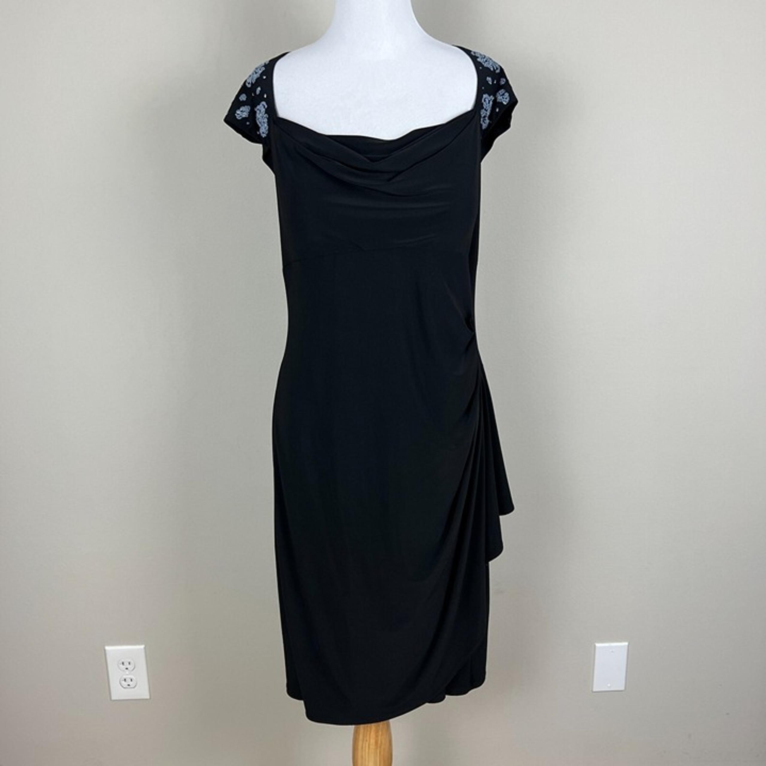 MSK Dress Womens 14 Black Cowl Neck Sheath Draped Waist Beaded Cap Sleeve Knee