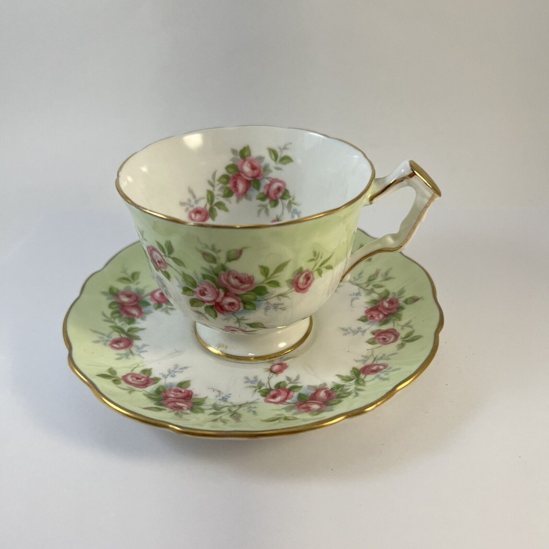 Aynsley Bone China Cup & Saucer Pink Rose Crocus Shape Mint Green Vintage