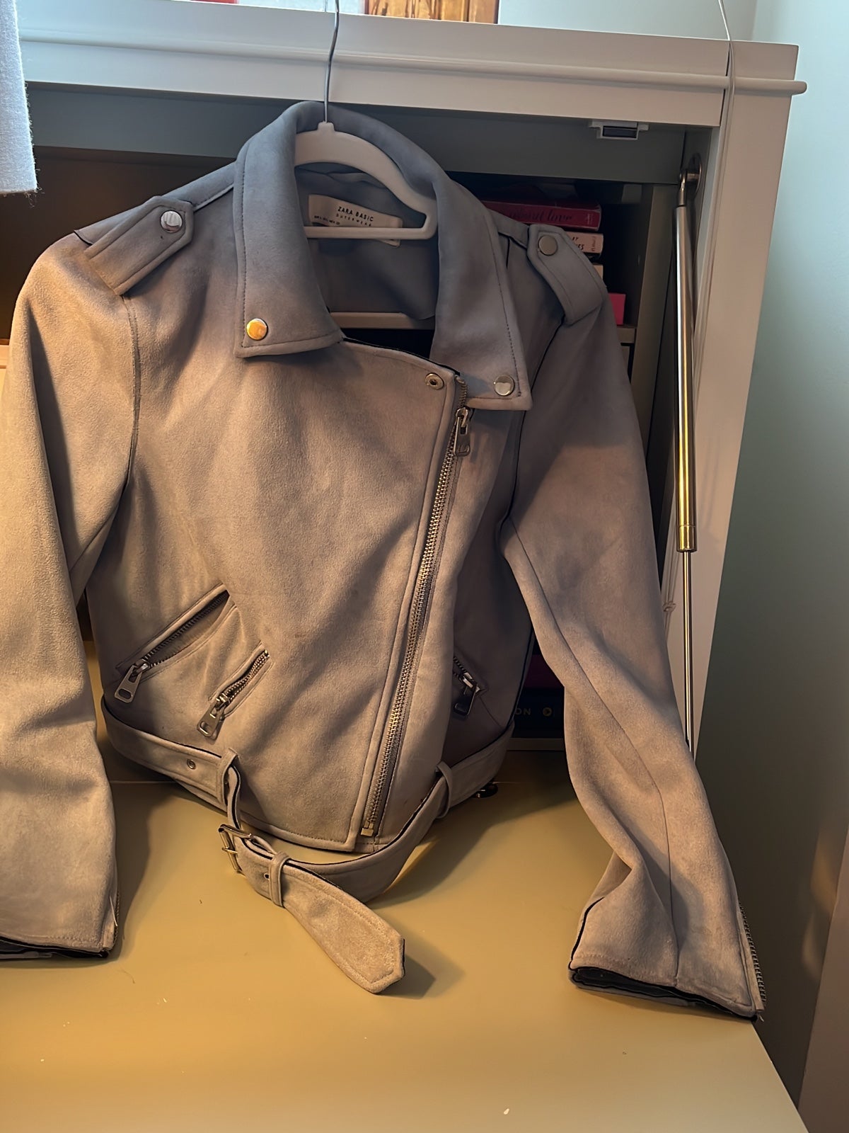 Zara Suede Biker Jacket in Light Blue with Zipper. Size L but fits like S/M
