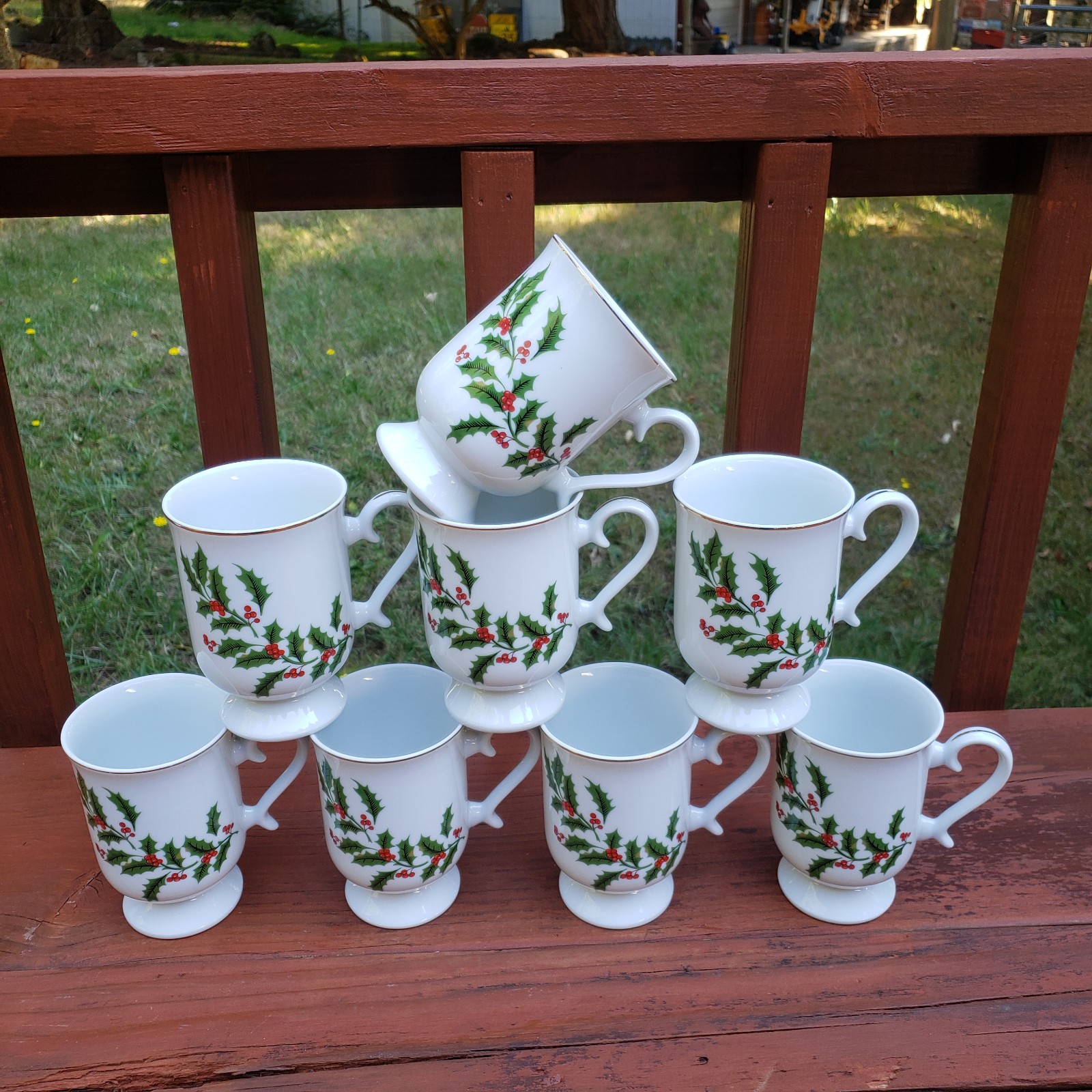 (8) Holly & Christmas Themed Ceramic Tea Cups - Made In Japan