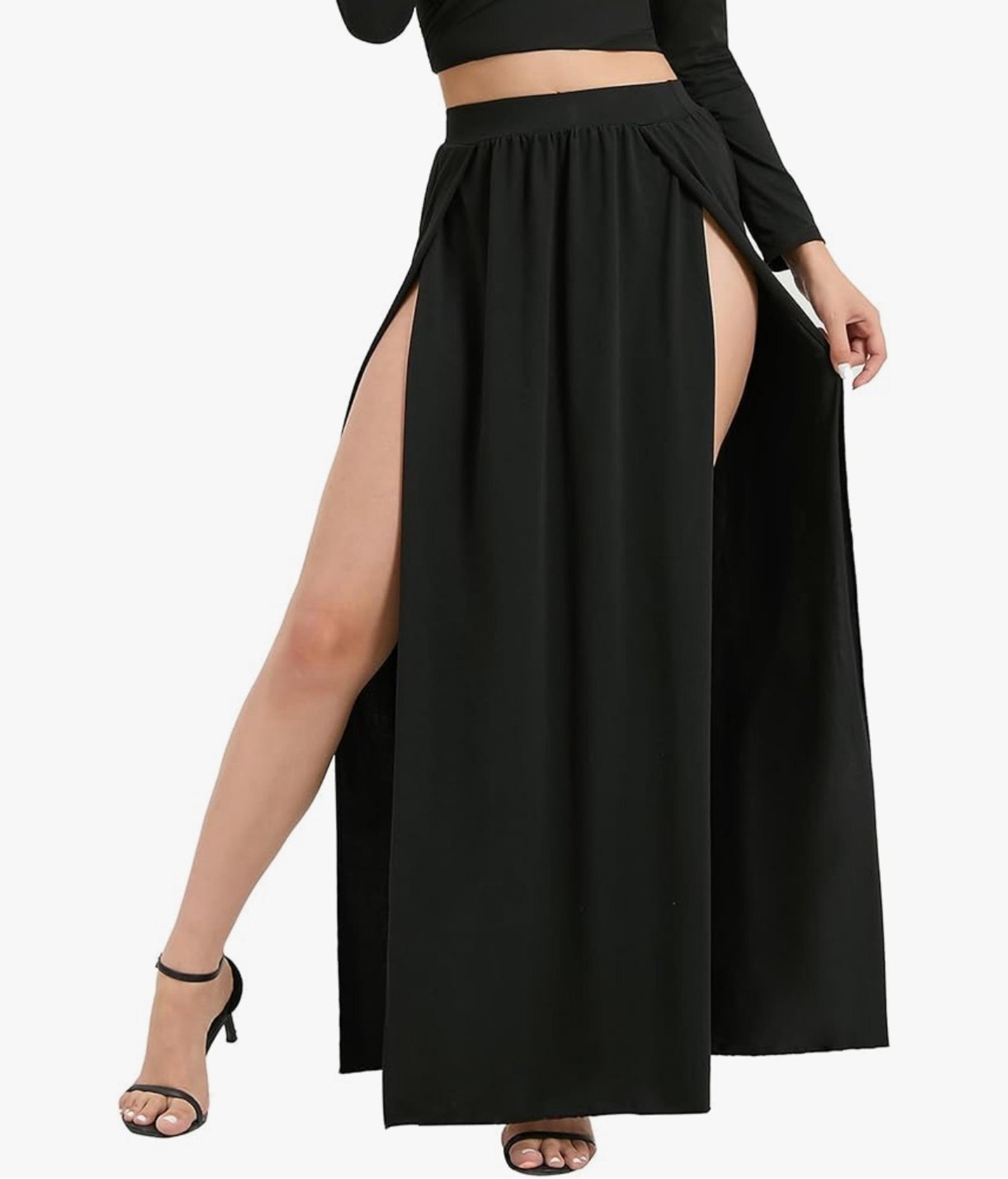 Women's High Waist Double Slit Sexy Plus Size Thigh Split Flowy Long Maxi Skirt